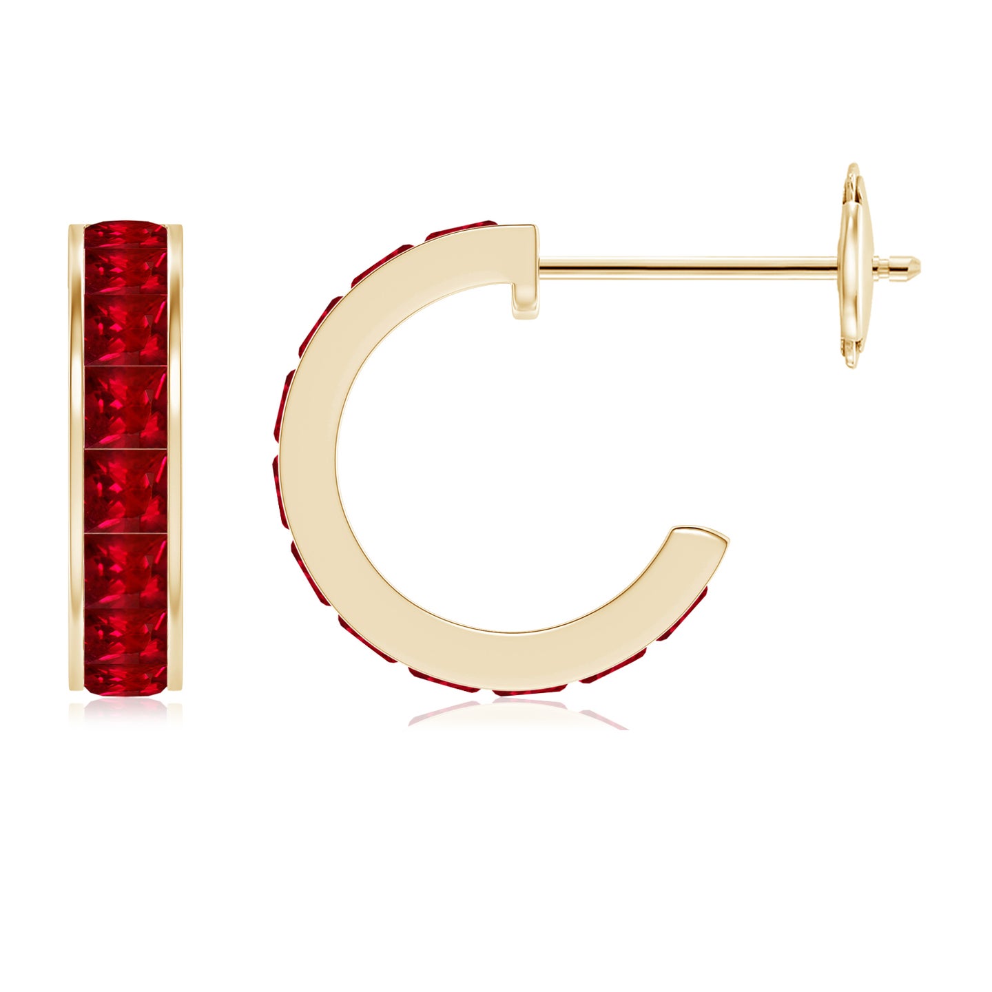 2mm AAAA Channel-Set Square Ruby Huggie Hoop Earrings in Yellow Gold
