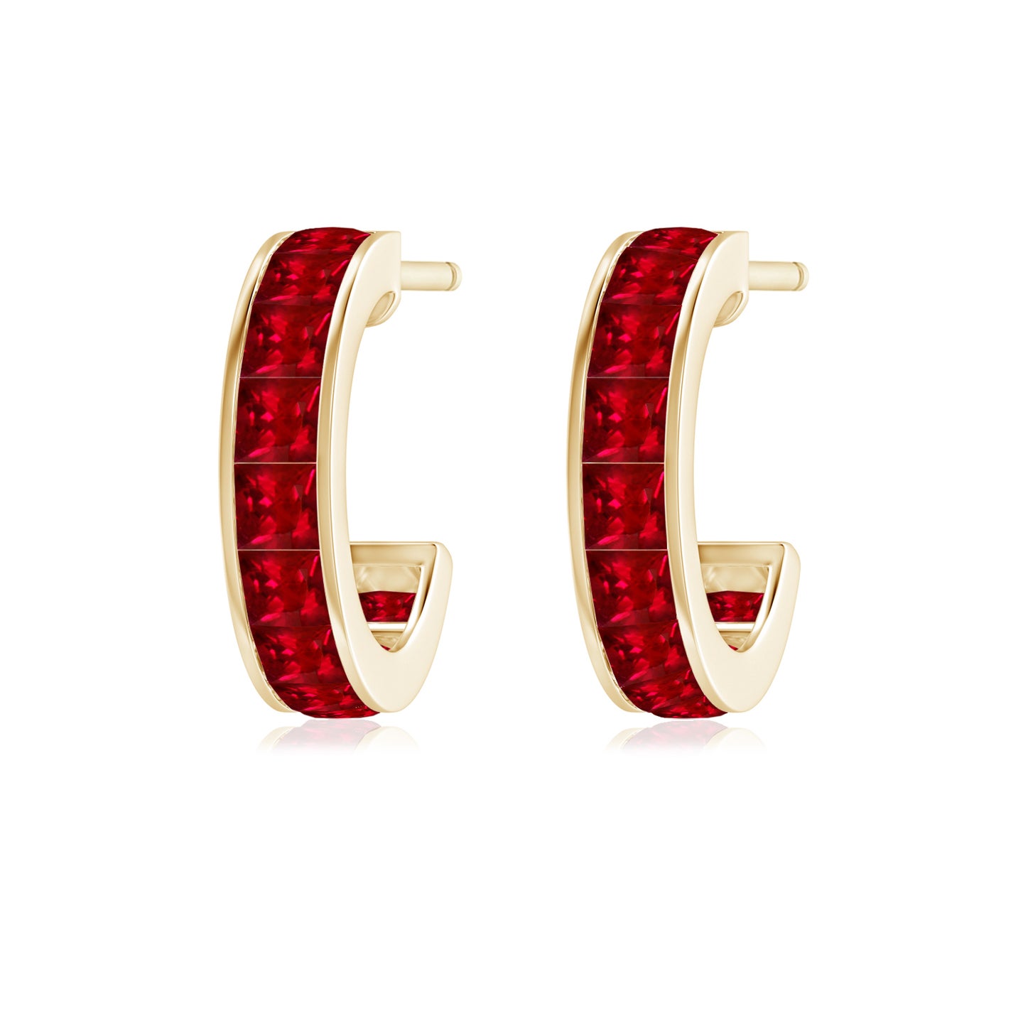 2mm AAAA Channel-Set Square Ruby Huggie Hoop Earrings in Yellow Gold