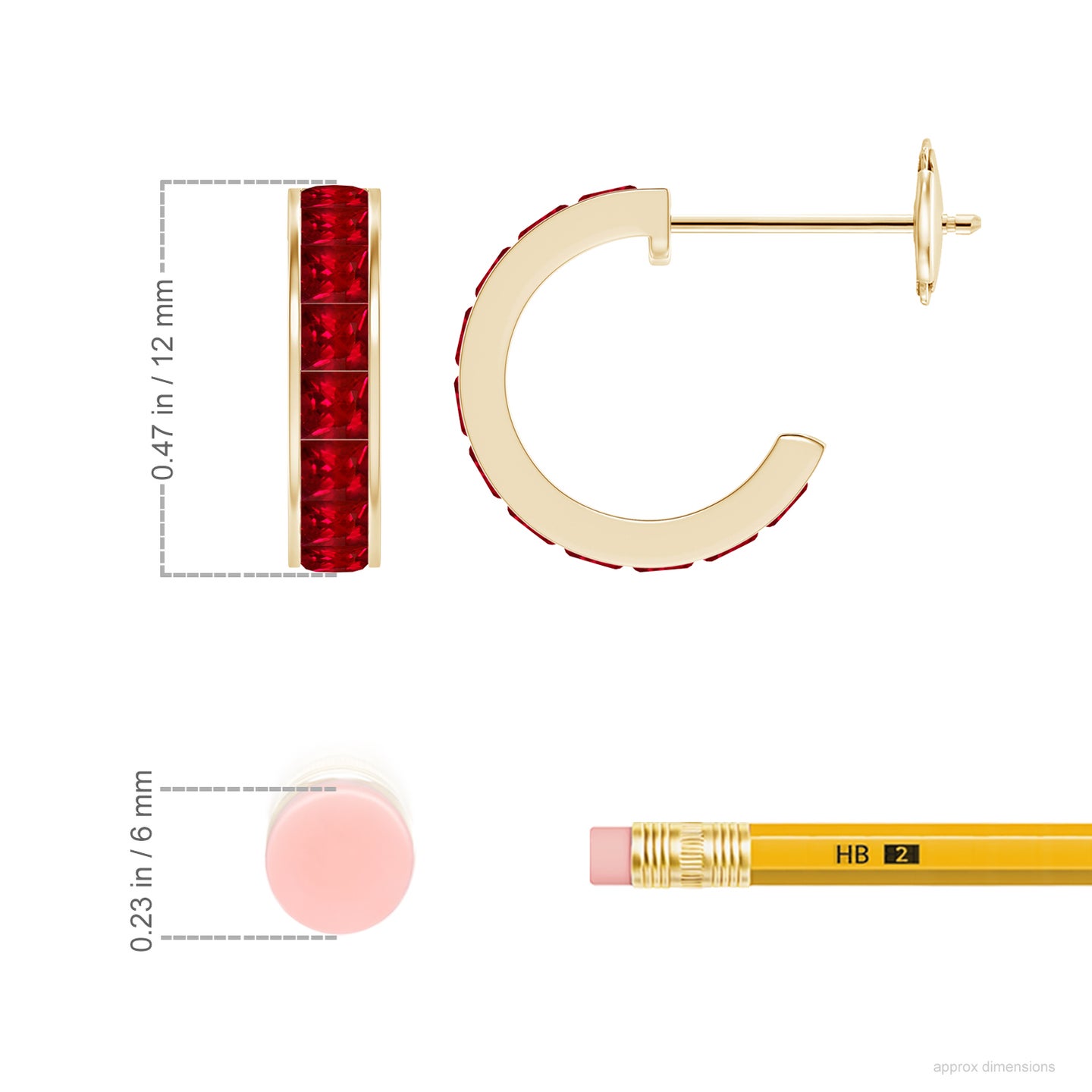 2mm AAAA Channel-Set Square Ruby Huggie Hoop Earrings in Yellow Gold