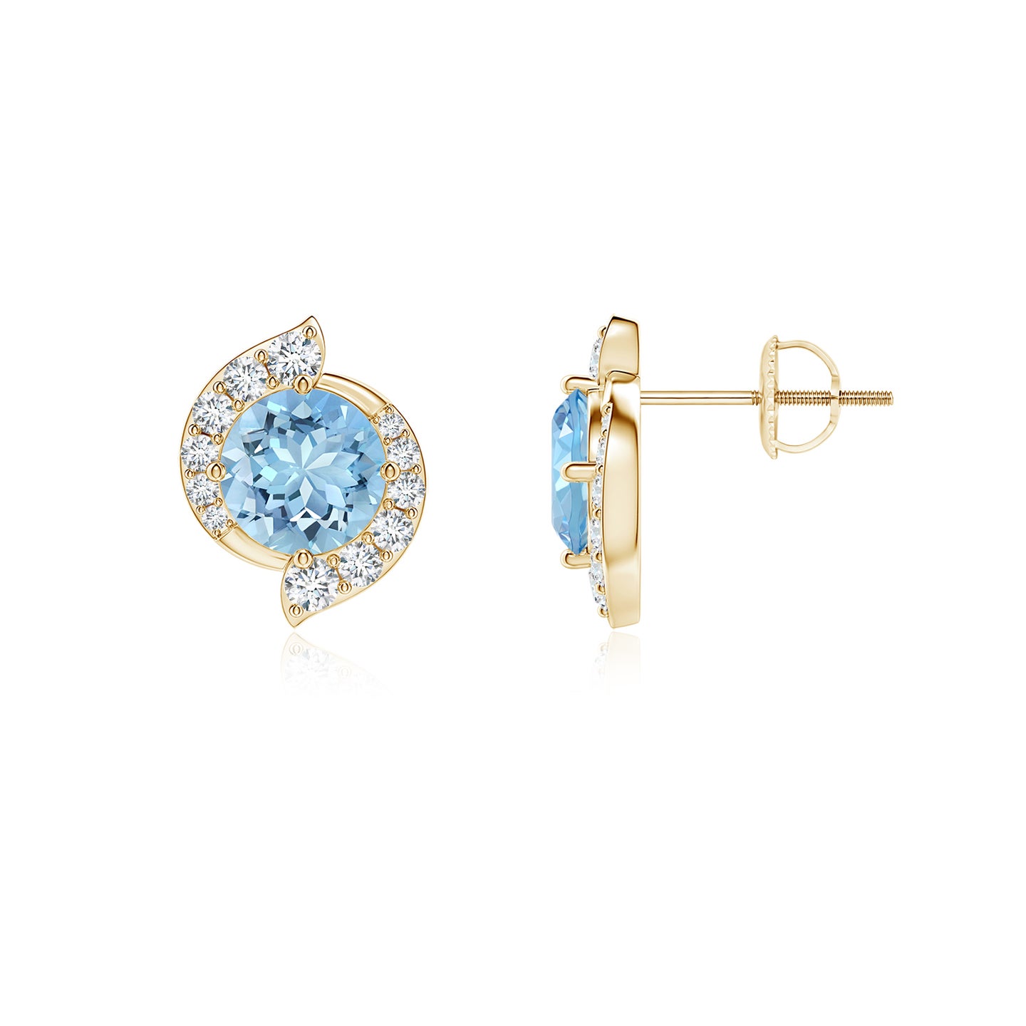 Round Aquamarine and Diamond Swirl Stud Earrings