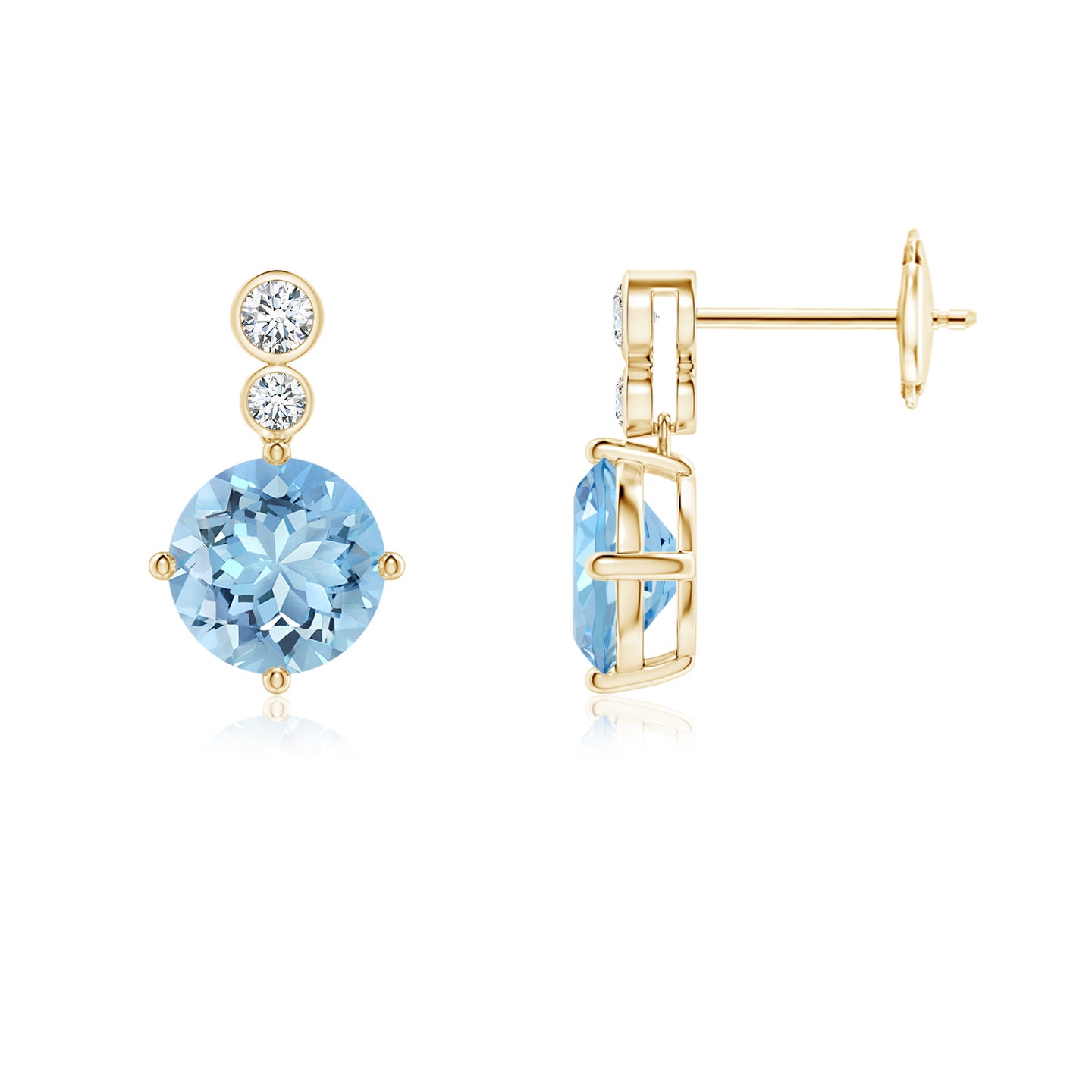 Round Aquamarine Dangle Earrings with Bezel-Set Diamonds
