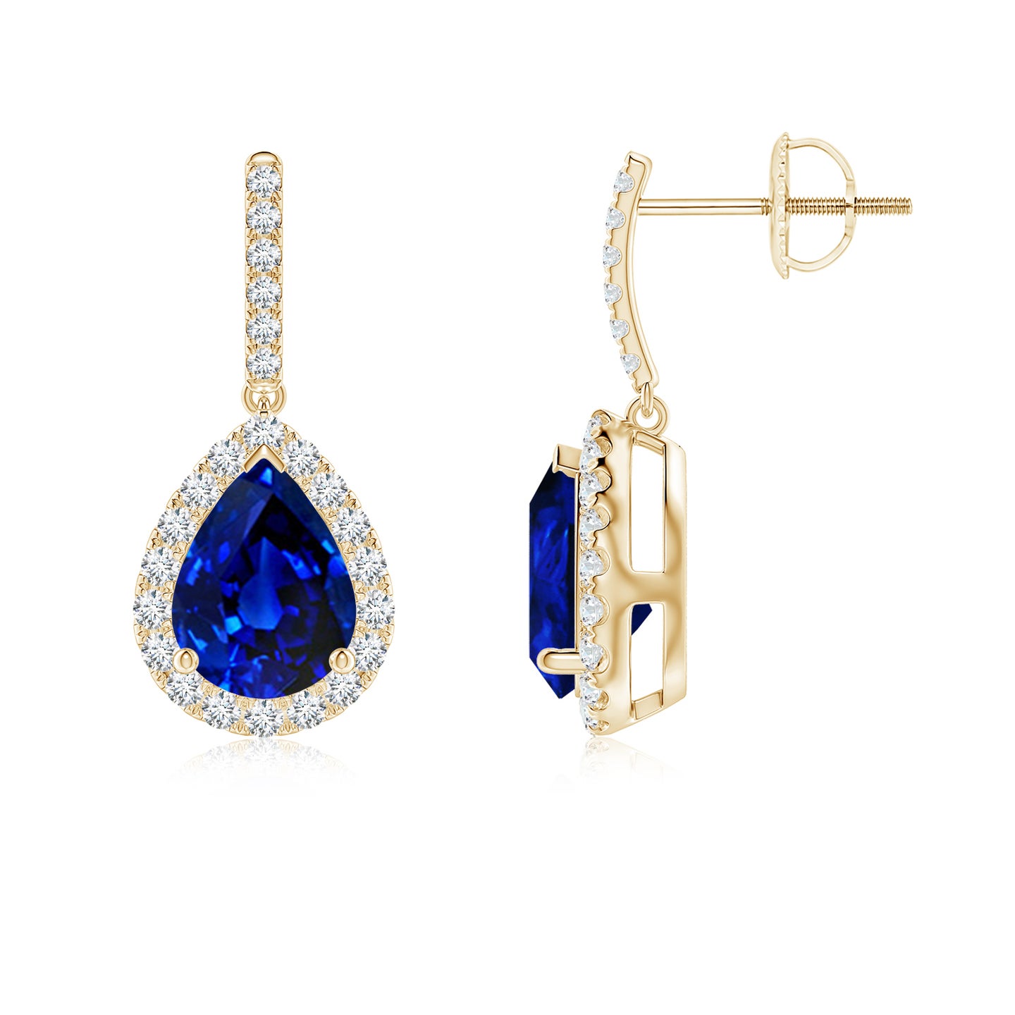 Lab-Grown Pear-Shaped Blue Sapphire Halo Dangle Earrings