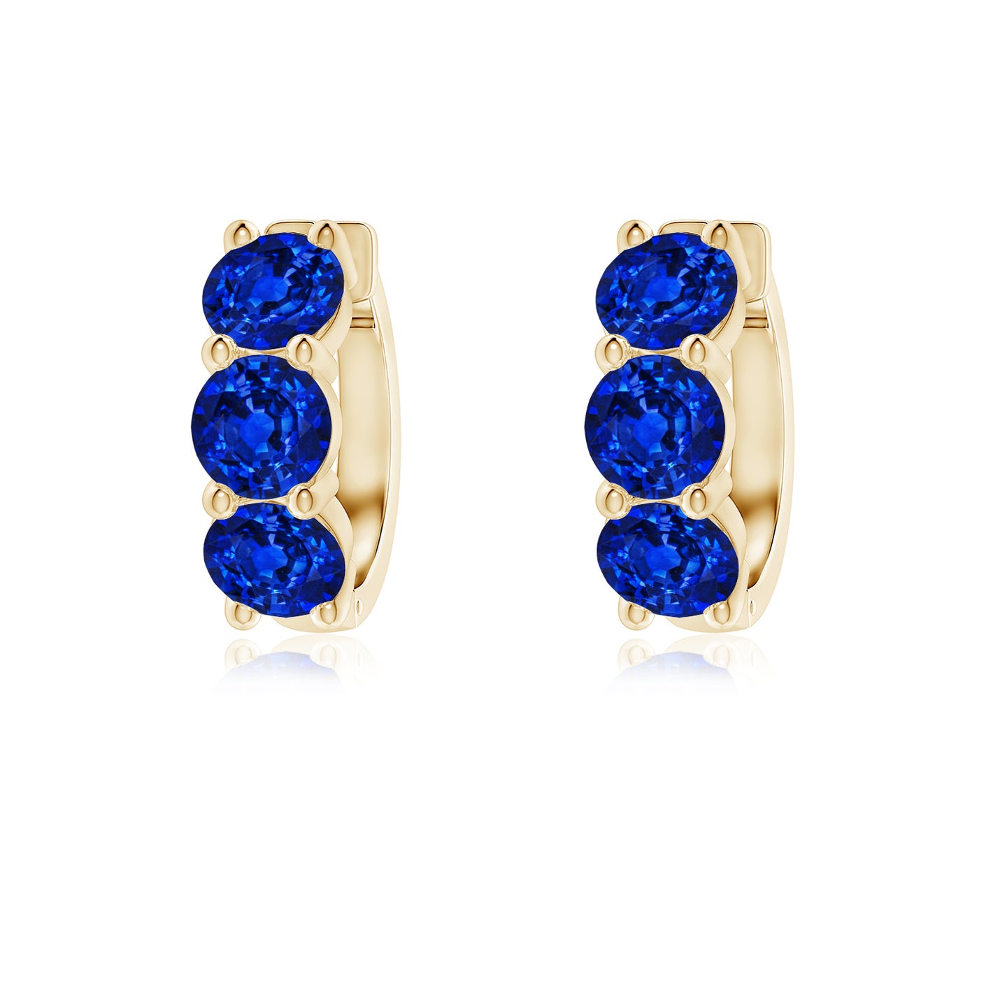 Round Lab-Grown Blue Sapphire Three Stone Hoop Earrings