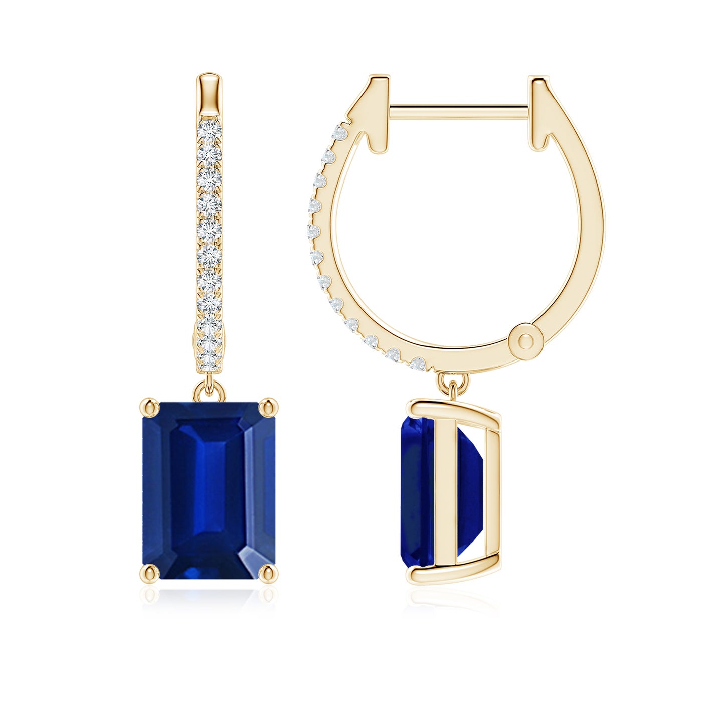 Emerald-Cut Lab-Grown Blue Sapphire Hoop Drop Earrings with Diamonds