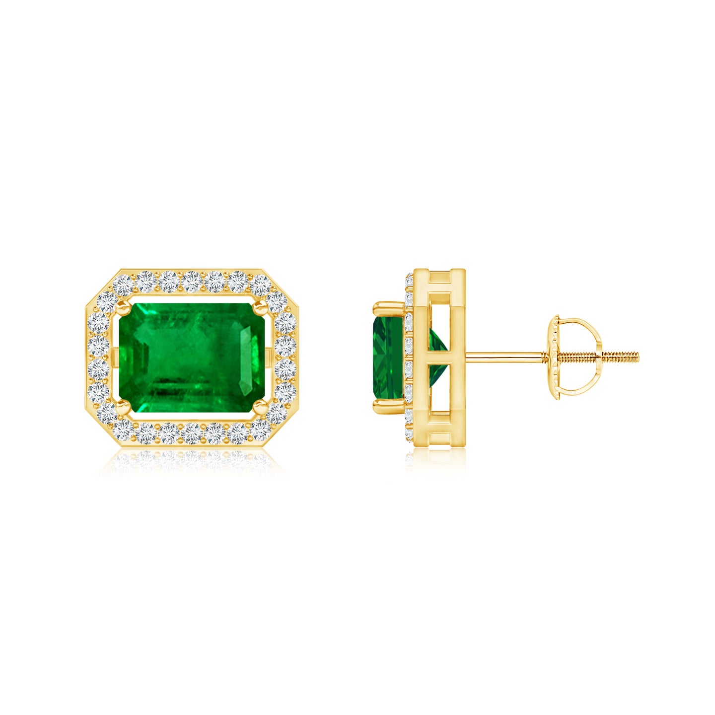 Emerald-Cut Natural Emerald with Natural Diamond Halo Earring