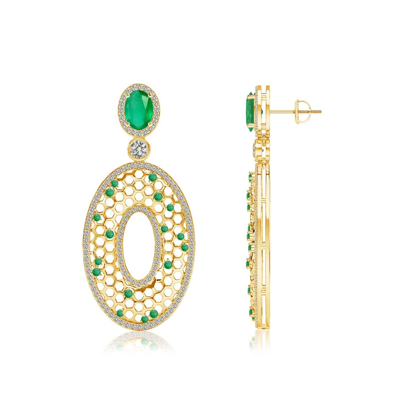 Honeycomb Natural Emerald with Diamond Earrings