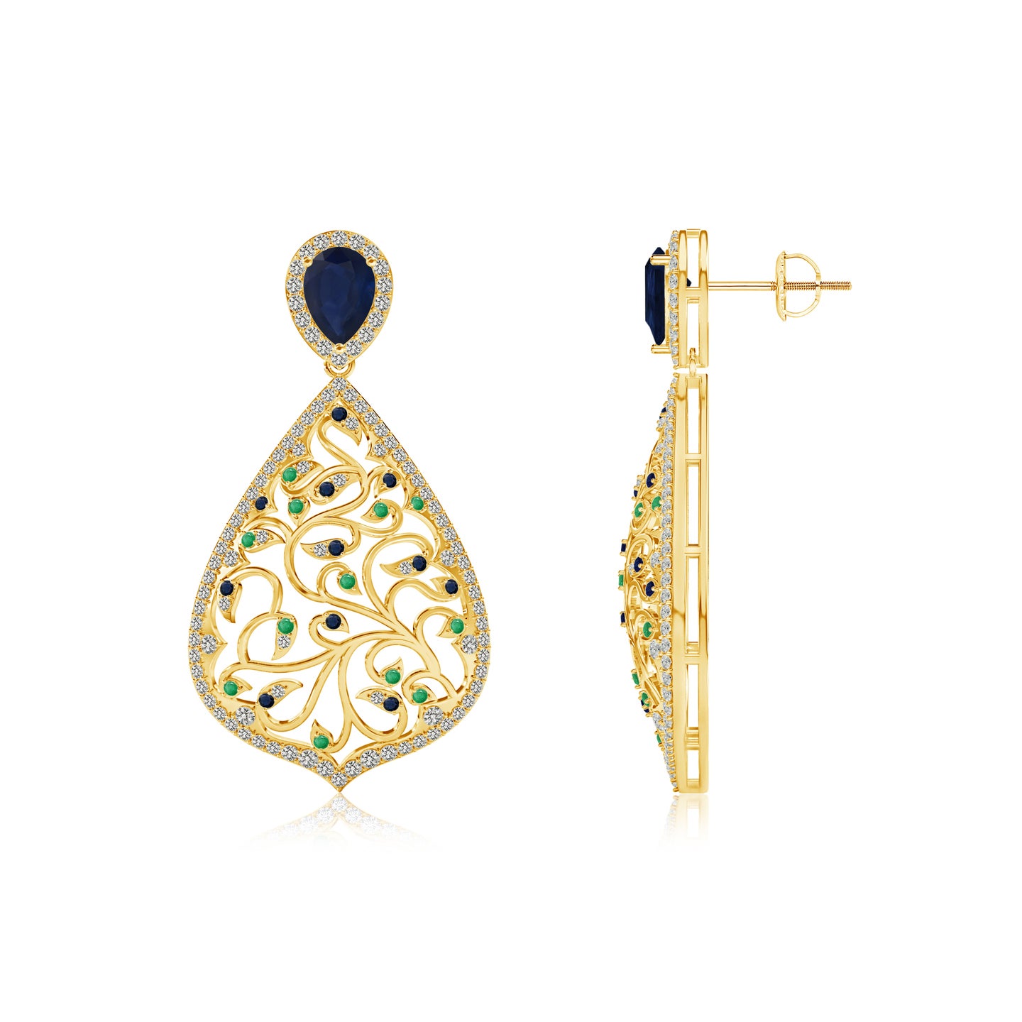 Mystic Mayura Natural Blue Sapphire with Emerald and Diamond Earrings