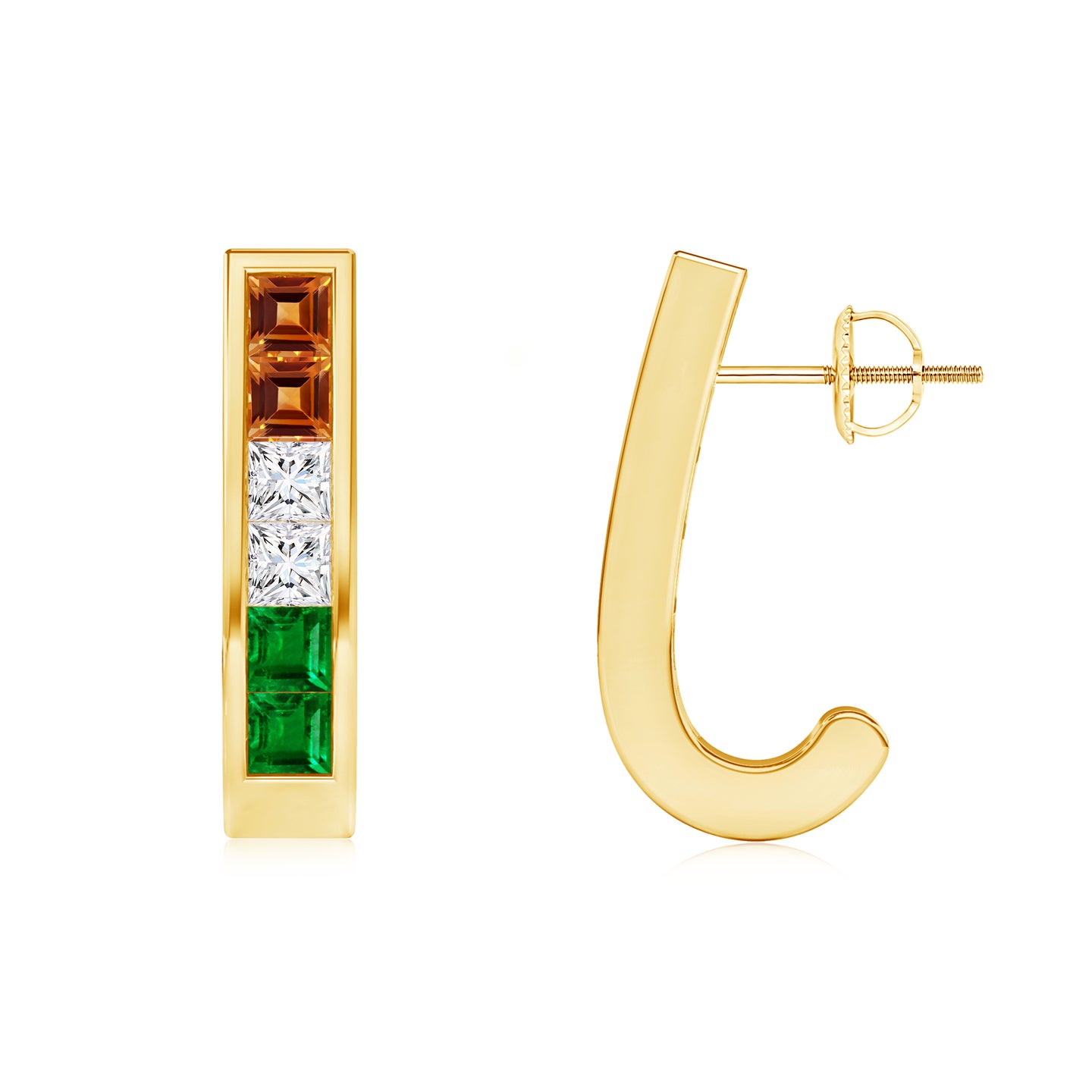 Channel-Set Tricolour Natural Citrine Diamond Emerald J-Hoop Earrings