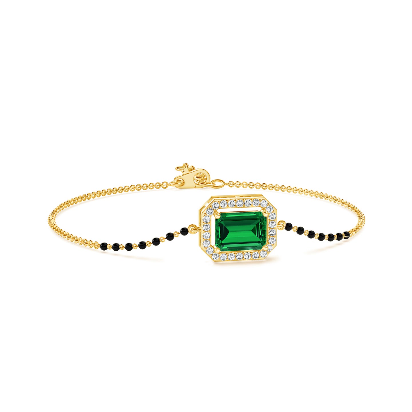 Emerald-Cut Lab Grown Emerald With Lab Grown Diamond Halo Mangalsutra Bracelet