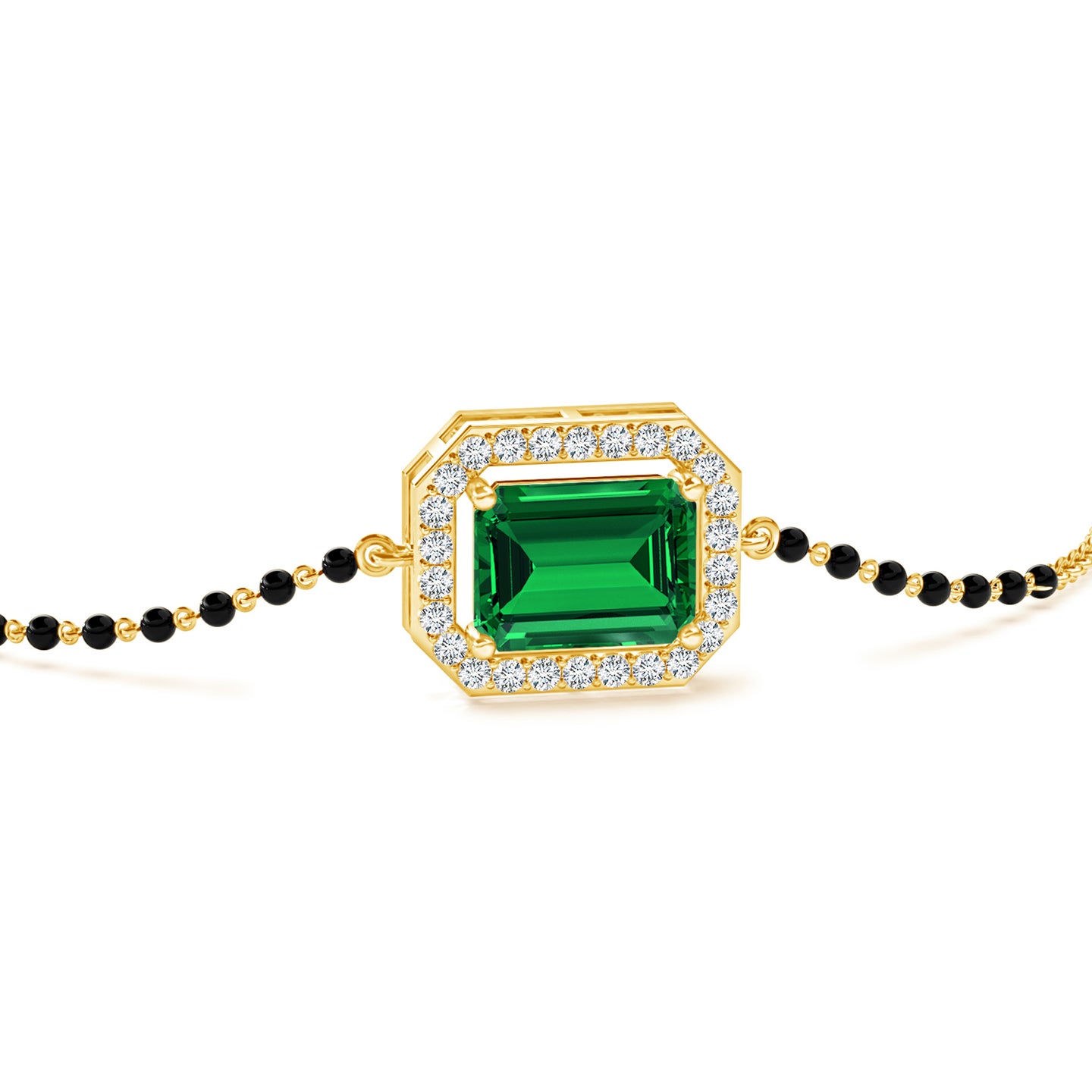 Emerald-Cut Lab Grown Emerald With Lab Grown Diamond Halo Mangalsutra Bracelet