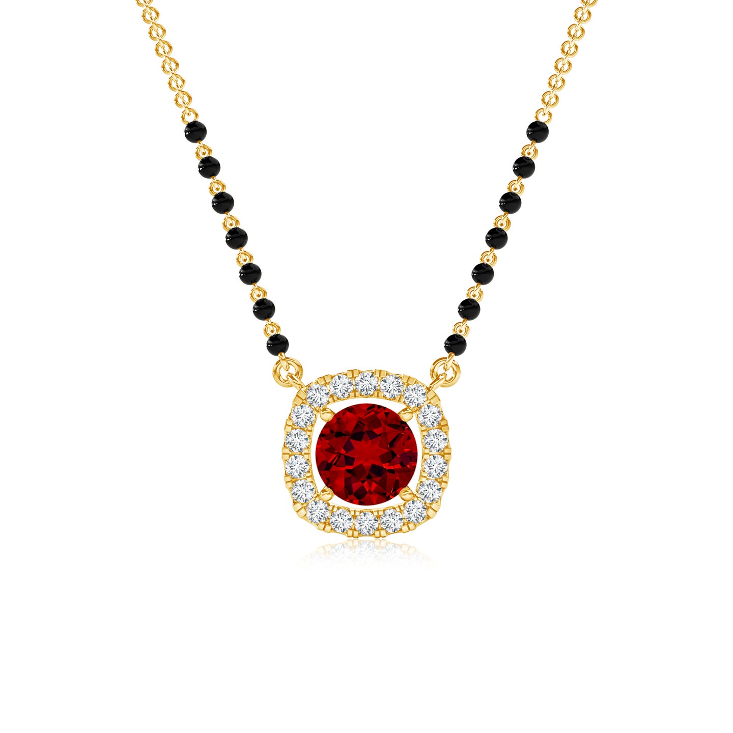 Lab-Grown Ruby Solitaire With Lab-Grown Diamond Halo Mangalsutra Necklace Lab-Grown Ruby Solitaire With Lab-Grown Diamond Halo Mangalsutra Necklace