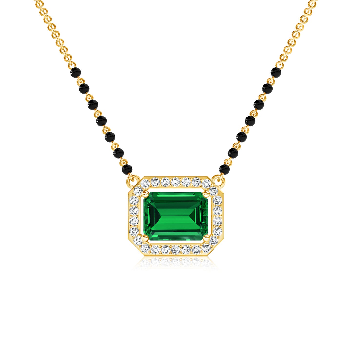 Emerald-Cut Lab-Grown Emerald With Lab-Grown Diamond Halo Mangalsutra Necklace 