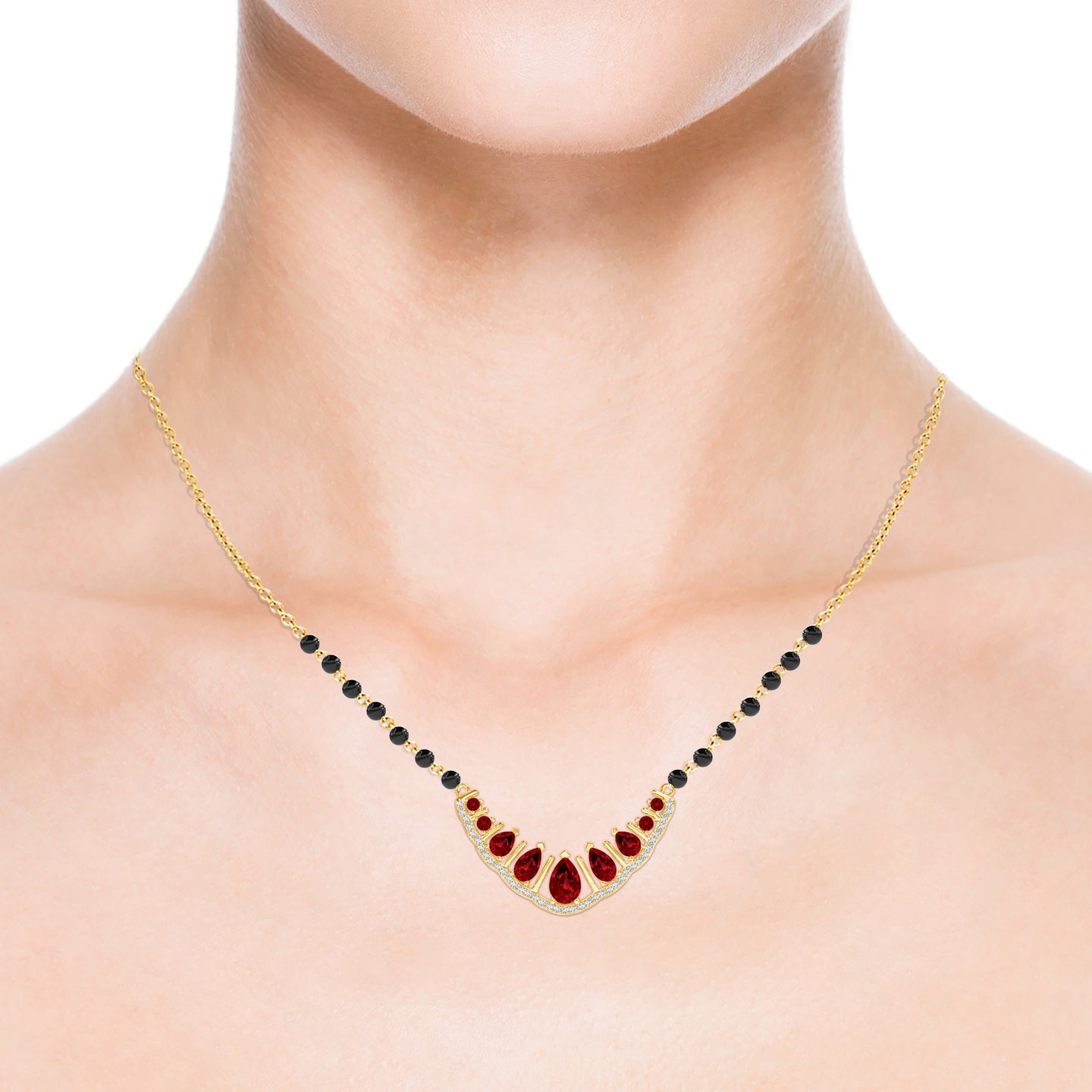 The Lab-Grown Ruby Flame With Lab-Grown Diamond Halo Mangalsutra Necklace 