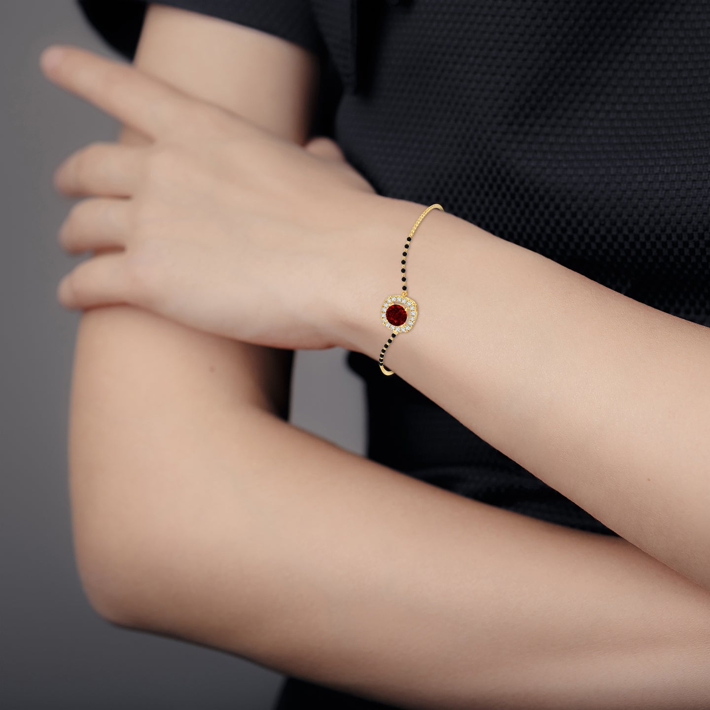 Natural Ruby Solitaire With Natural Diamond Halo Mangalsutra Bracelet