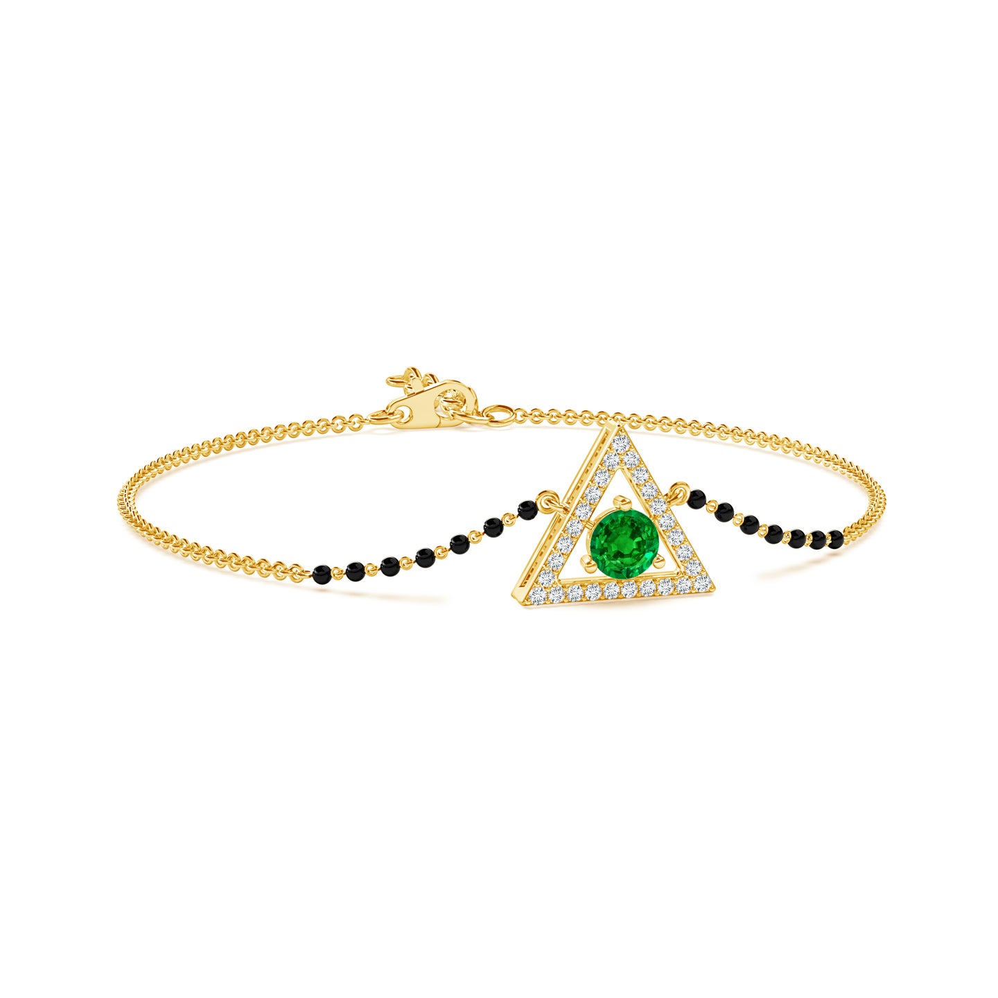 Natural Emerald Solitaire Natural Diamond Triangle Halo Mangalsutra Bracelet