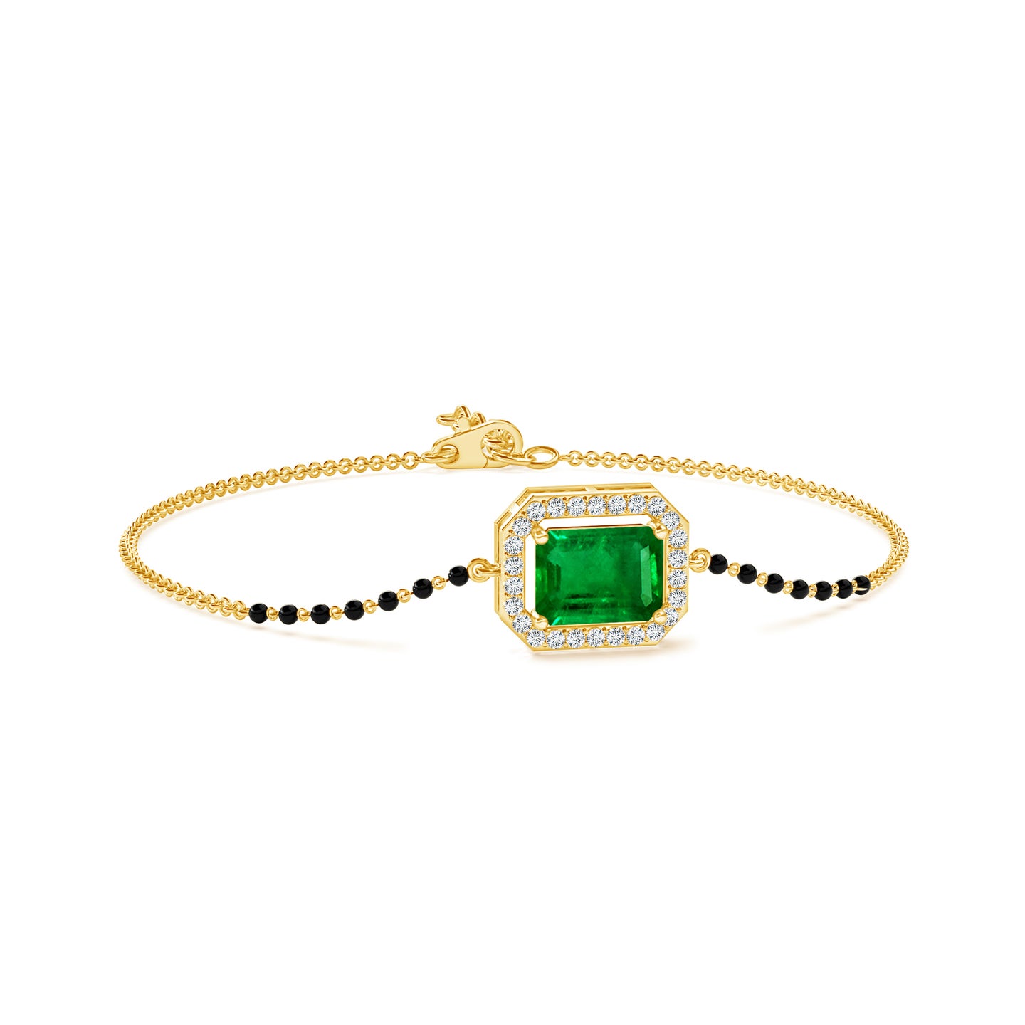 Emerald-Cut Natural Emerald With Natural Diamond Halo Mangalsutra Bracelet