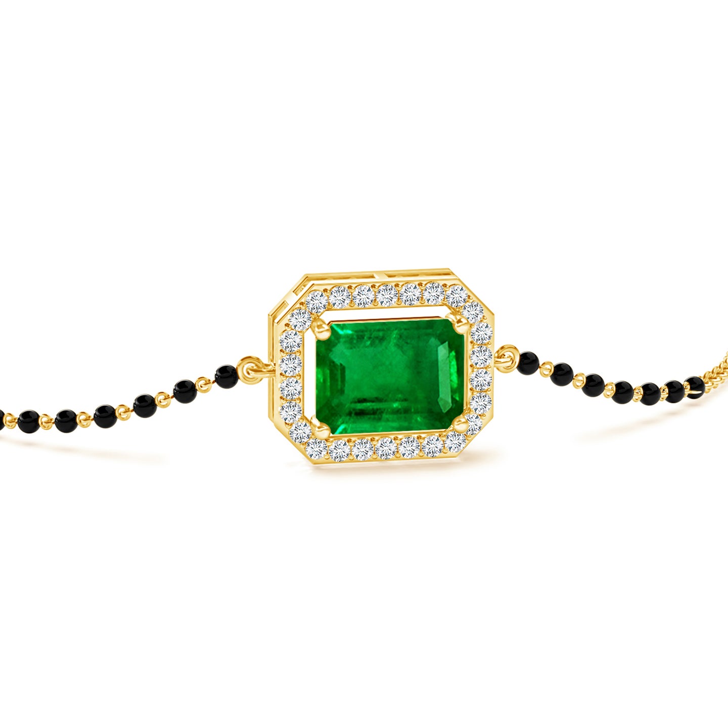 Emerald-Cut Natural Emerald With Natural Diamond Halo Mangalsutra Bracelet