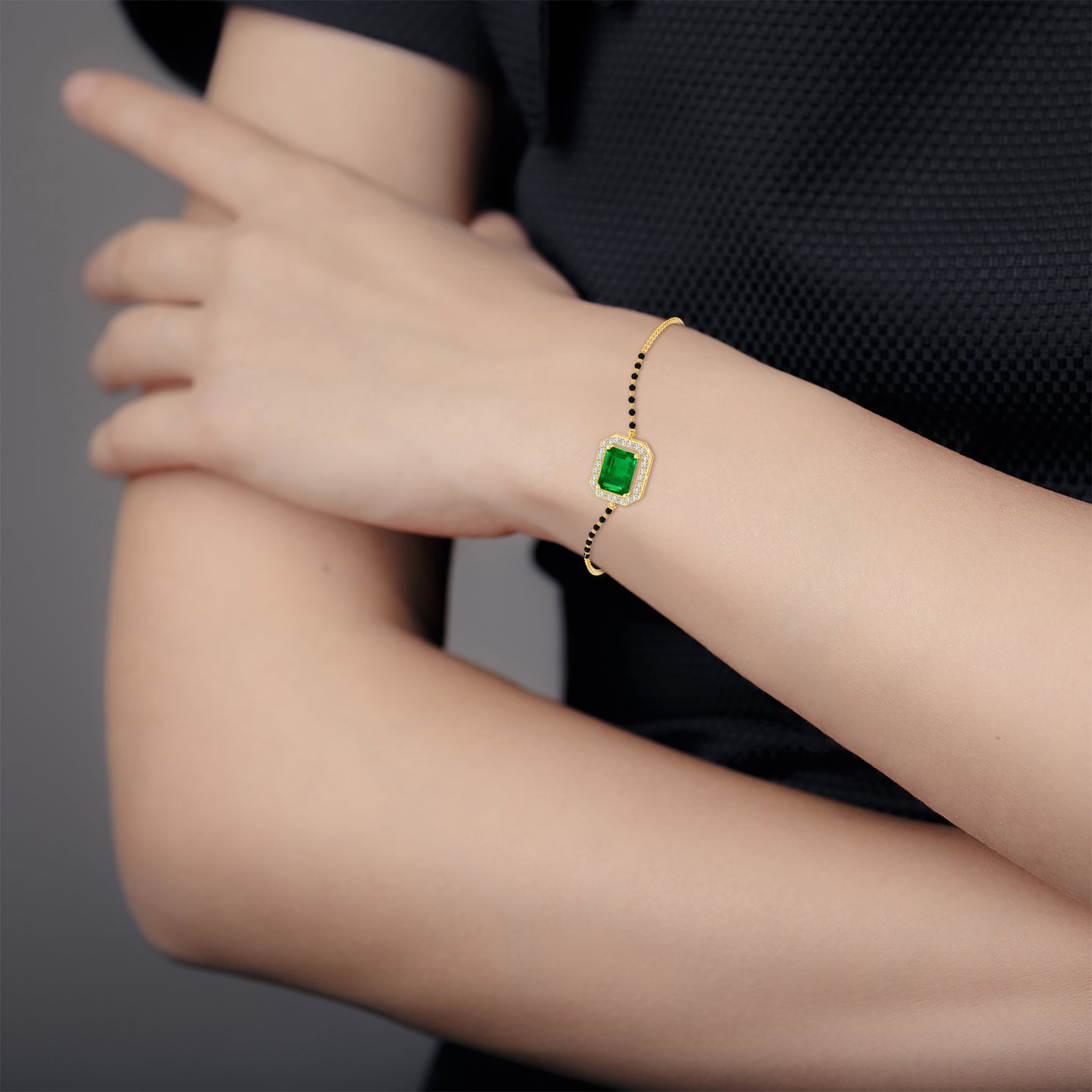 Emerald-Cut Natural Emerald With Natural Diamond Halo Mangalsutra Bracelet