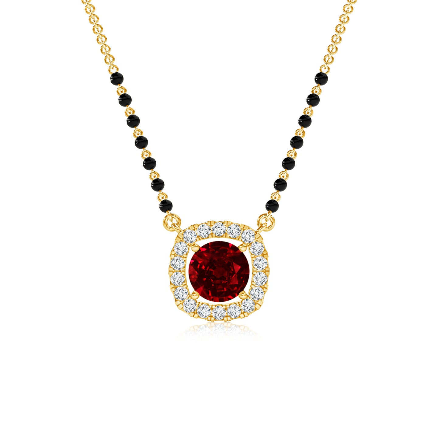 Natural Ruby Solitaire With Natural Diamond Halo Mangalsutra Necklace 