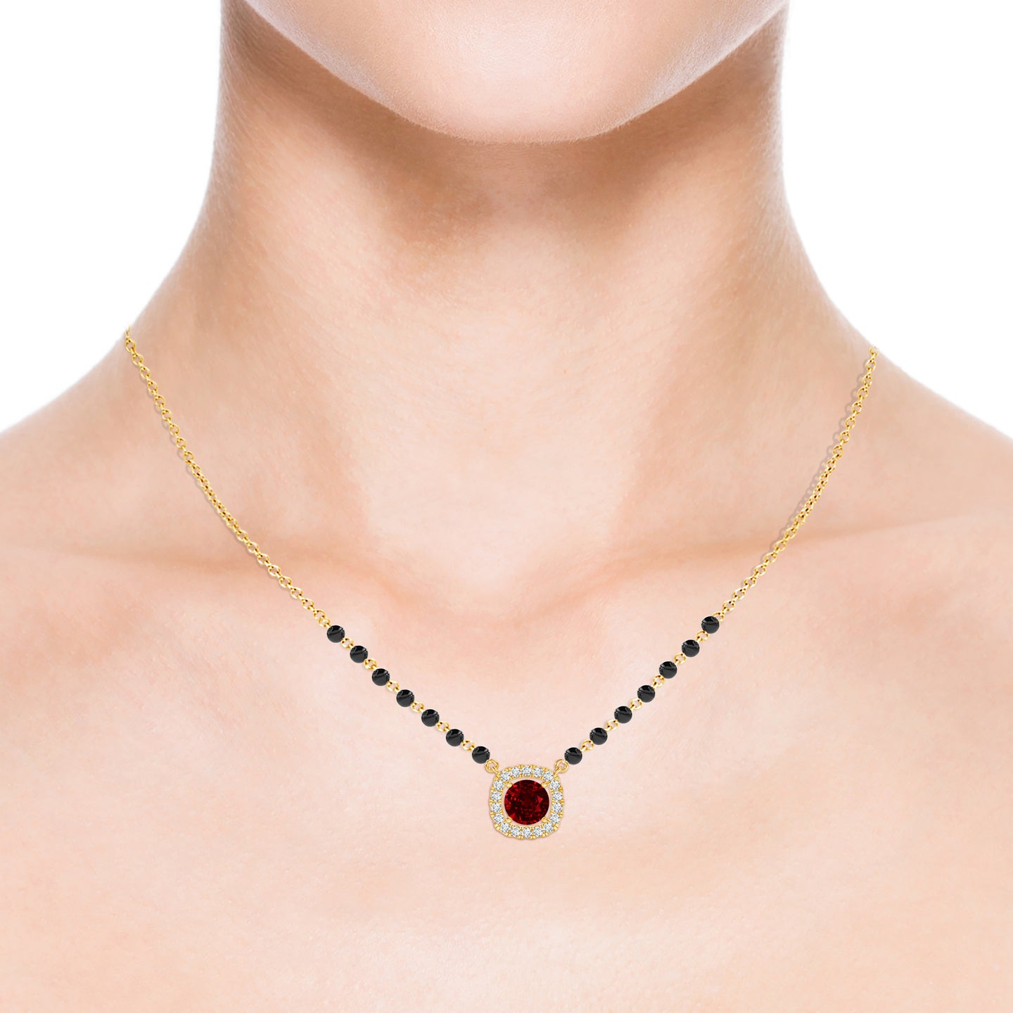 Natural Ruby Solitaire With Natural Diamond Halo Mangalsutra Necklace 