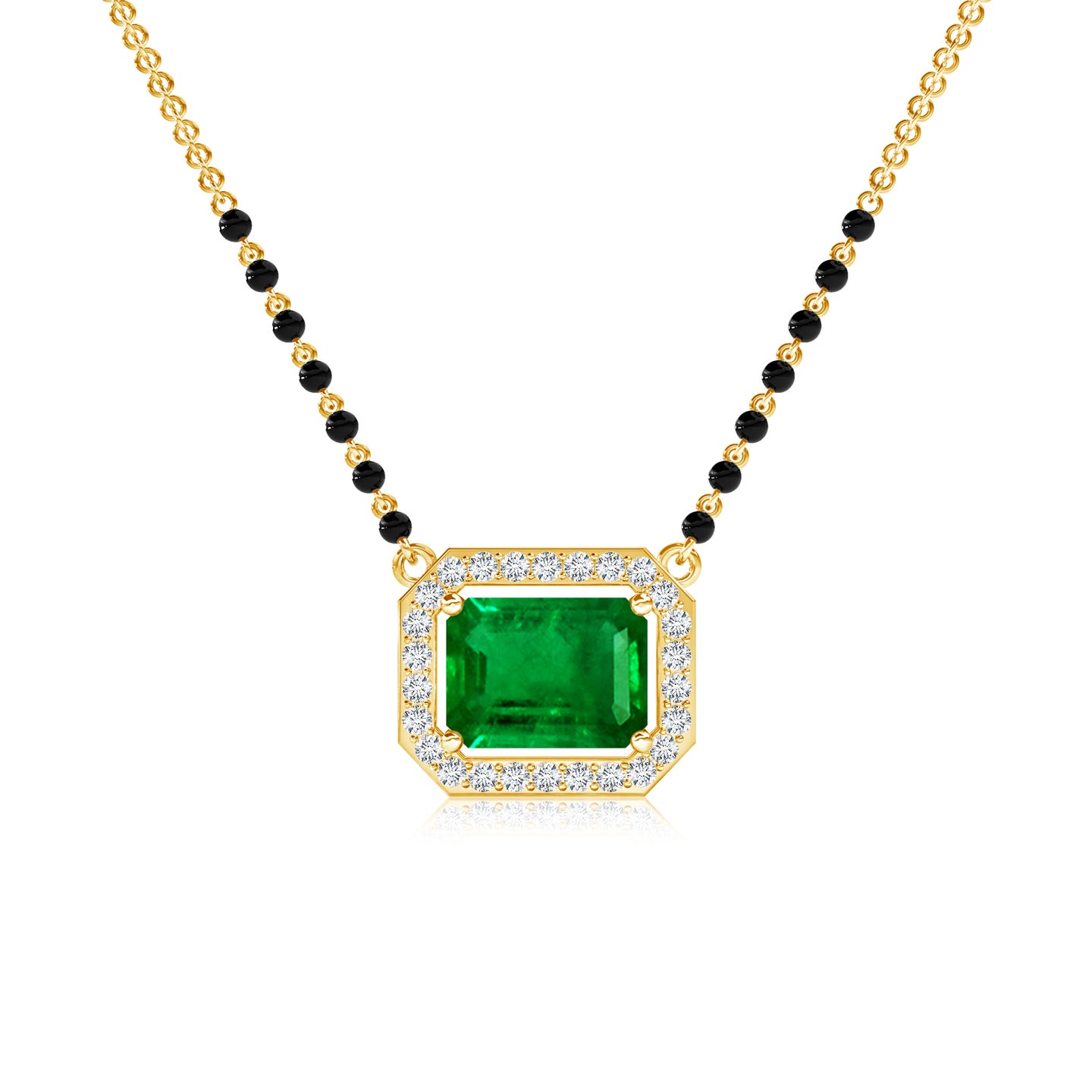 Emerald-Cut Natural Emerald With Natural Diamond Halo Mangalsutra Necklace 