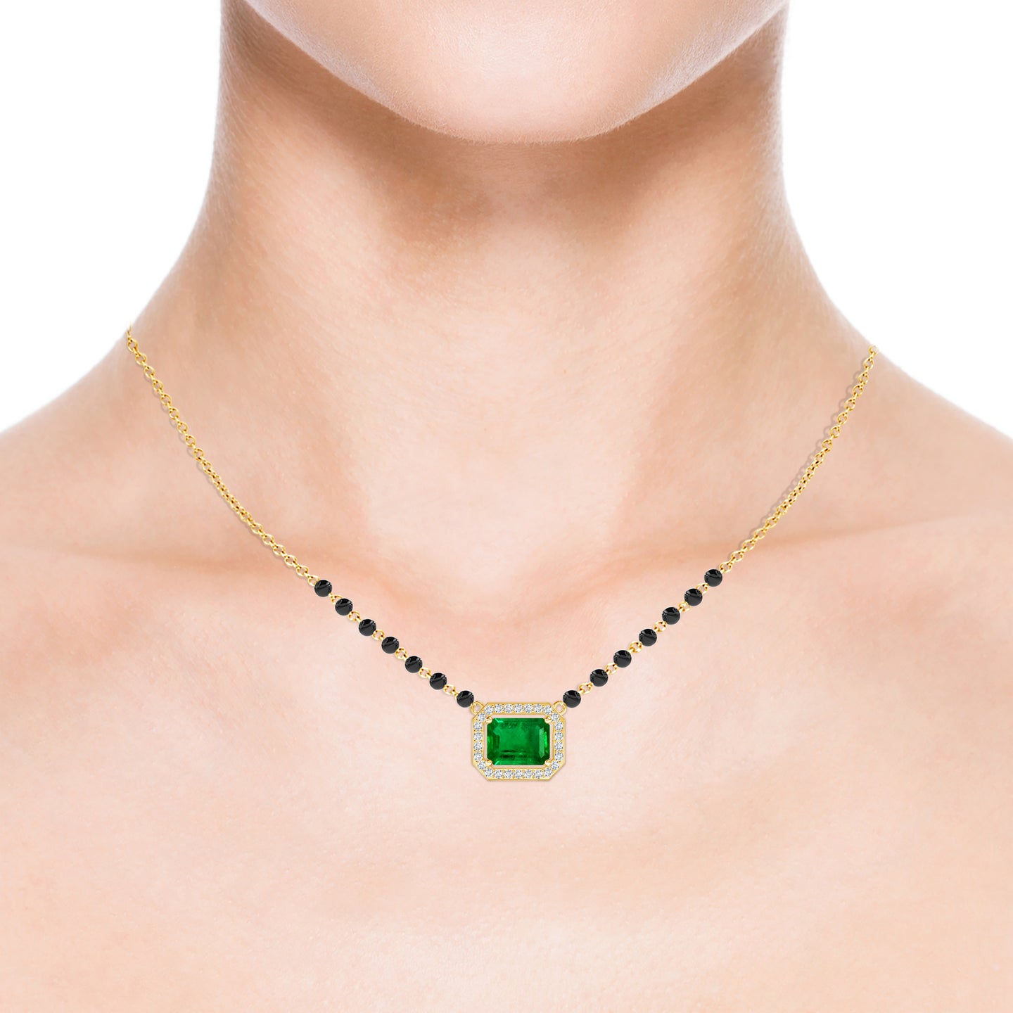 Emerald-Cut Natural Emerald With Natural Diamond Halo Mangalsutra Necklace 