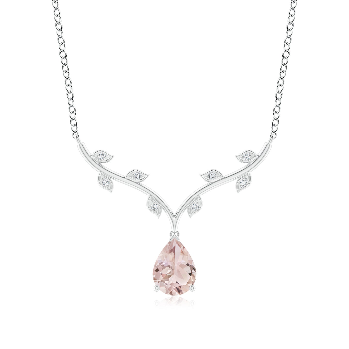 8x6mm A Pear-Shaped Morganite Necklace with Leaf Motifs in Silver