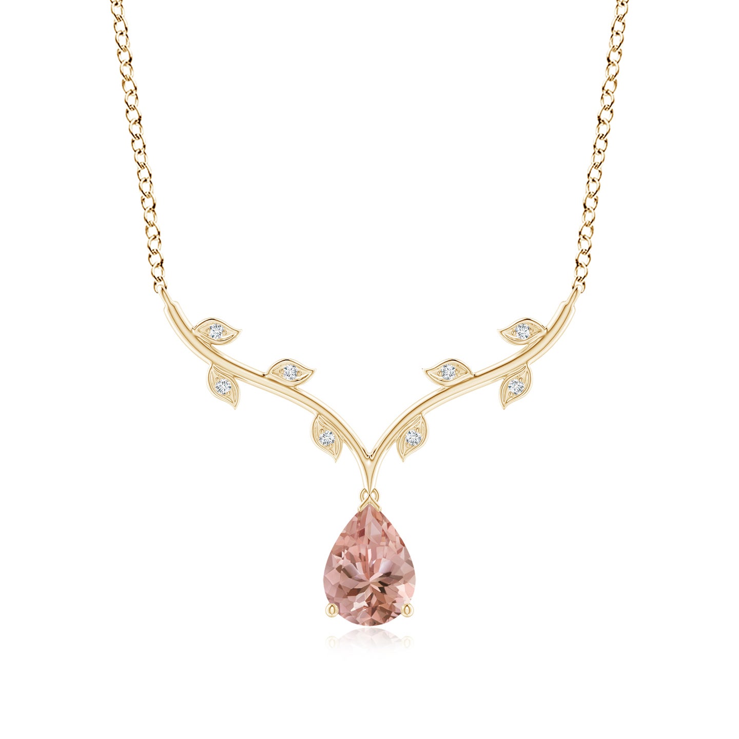 8x6mm AAAA Pear-Shaped Morganite Necklace with Leaf Motifs in Yellow Gold 8x6mm AAAA Pear-Shaped Morganite Necklace with Leaf Motifs in Yellow Gold
