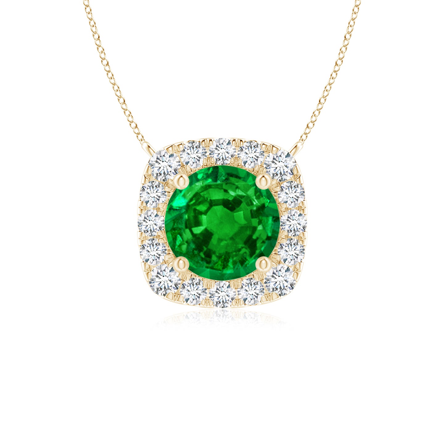 5mm AAAA Round Emerald Pendant with Cushion Halo in Yellow Gold 5mm AAAA Round Emerald Pendant with Cushion Halo in Yellow Gold