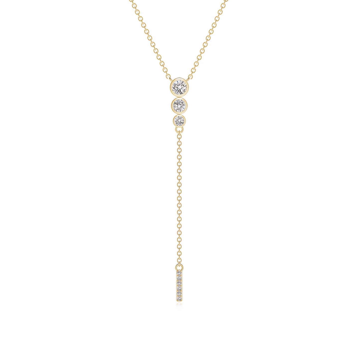 3.1mm IJI1I2 Three Stone Graduated Bezel-Set Diamond Lariat Necklace in Yellow Gold