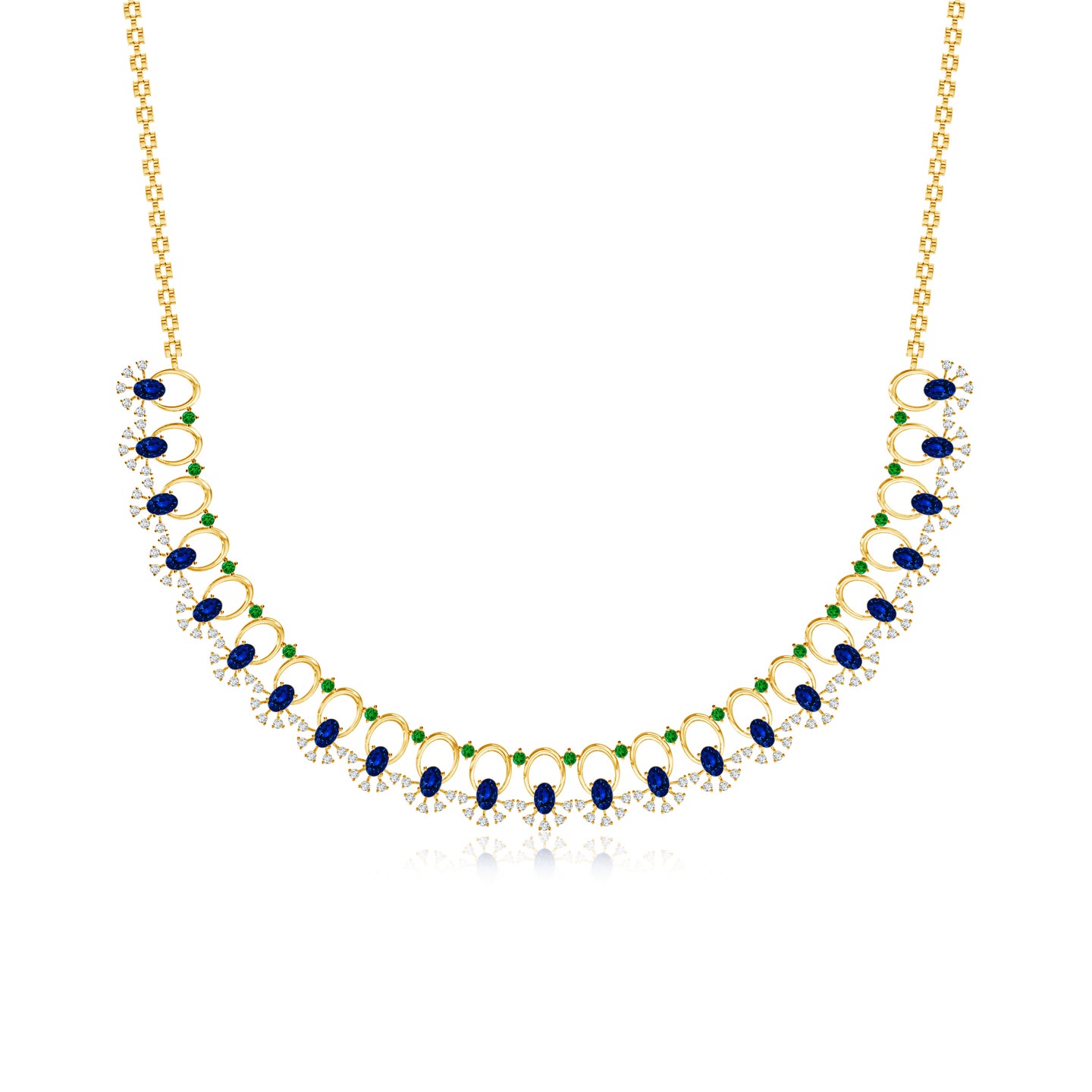Cosmic Natural Blue Sapphire With Emerald and Diamond Necklace