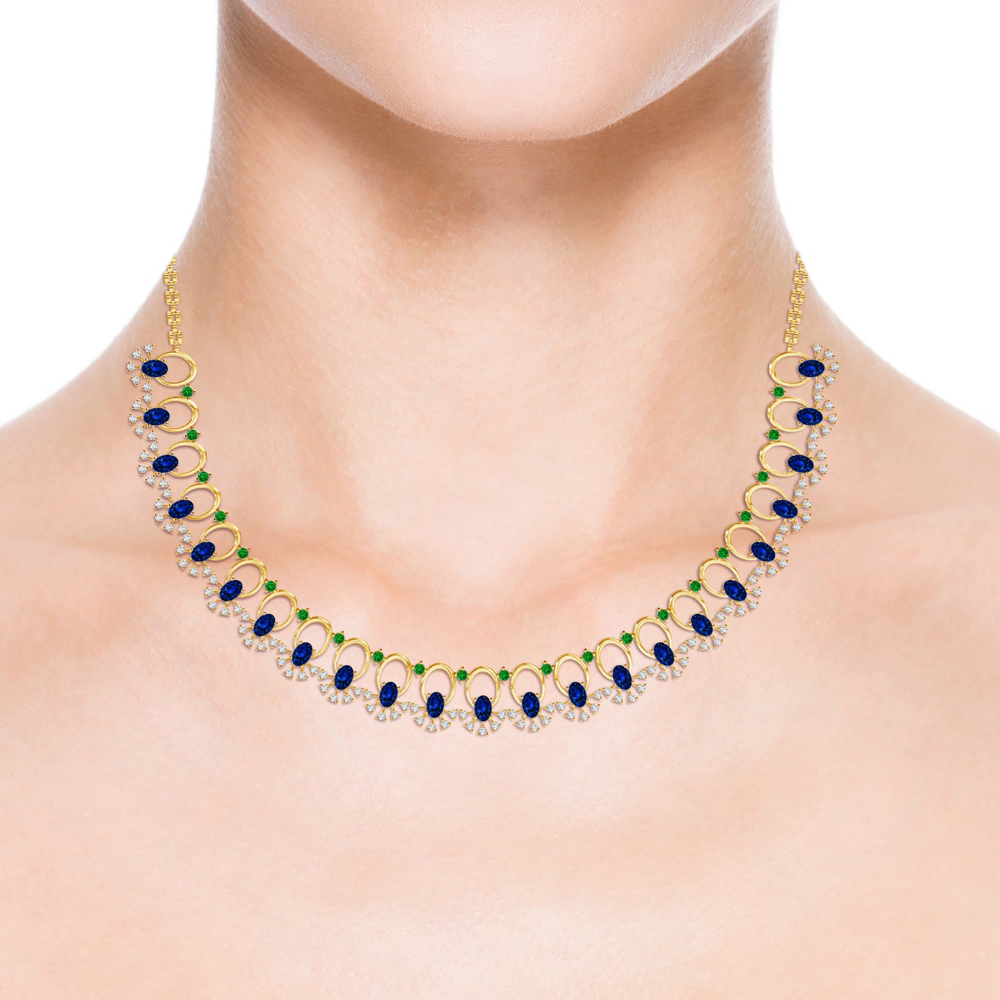 Cosmic Natural Blue Sapphire With Emerald and Diamond Necklace