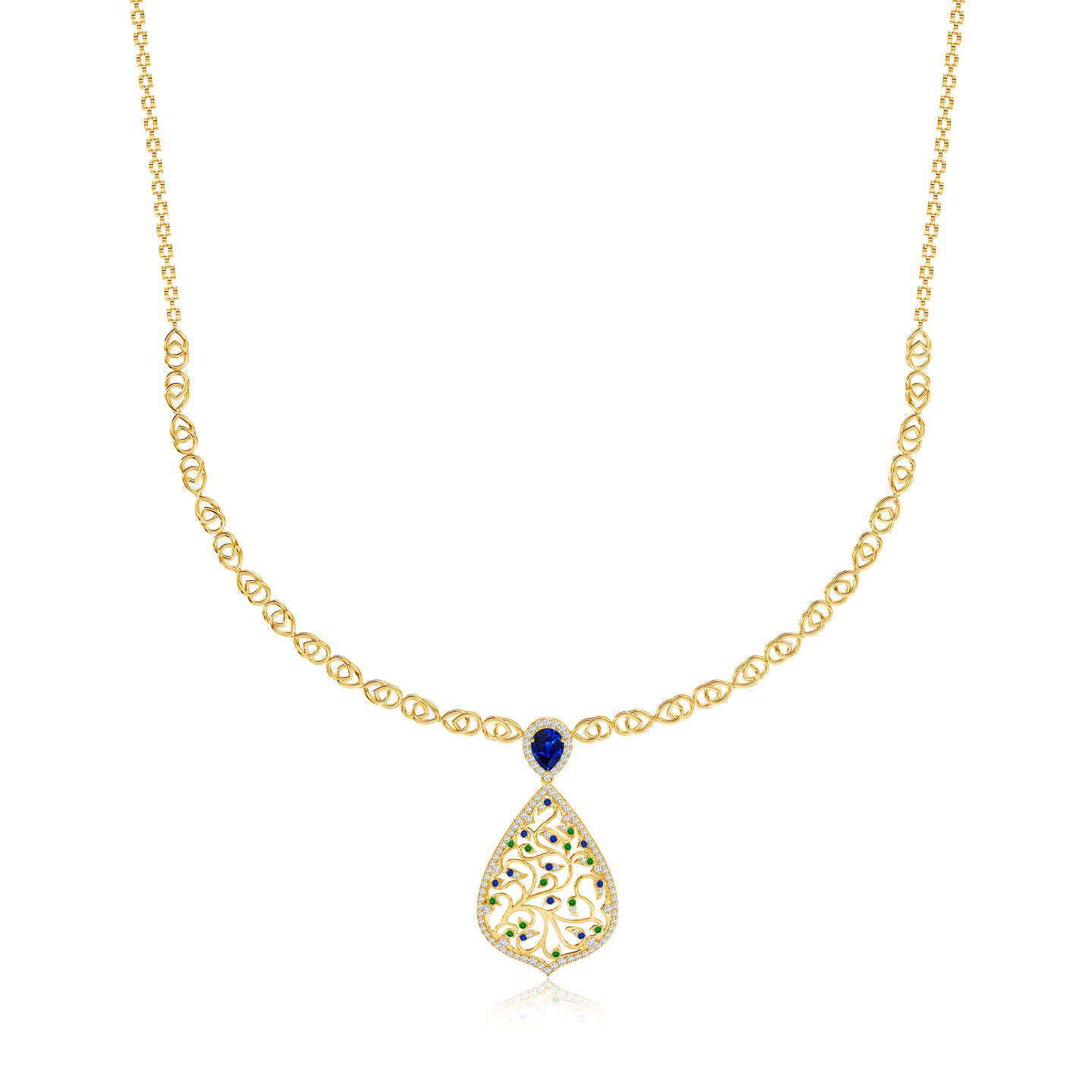 Mystic Mayura Natural Blue Sapphire with Emerald and Diamond Necklace Mystic Mayura Natural Blue Sapphire with Emerald and Diamond Necklace