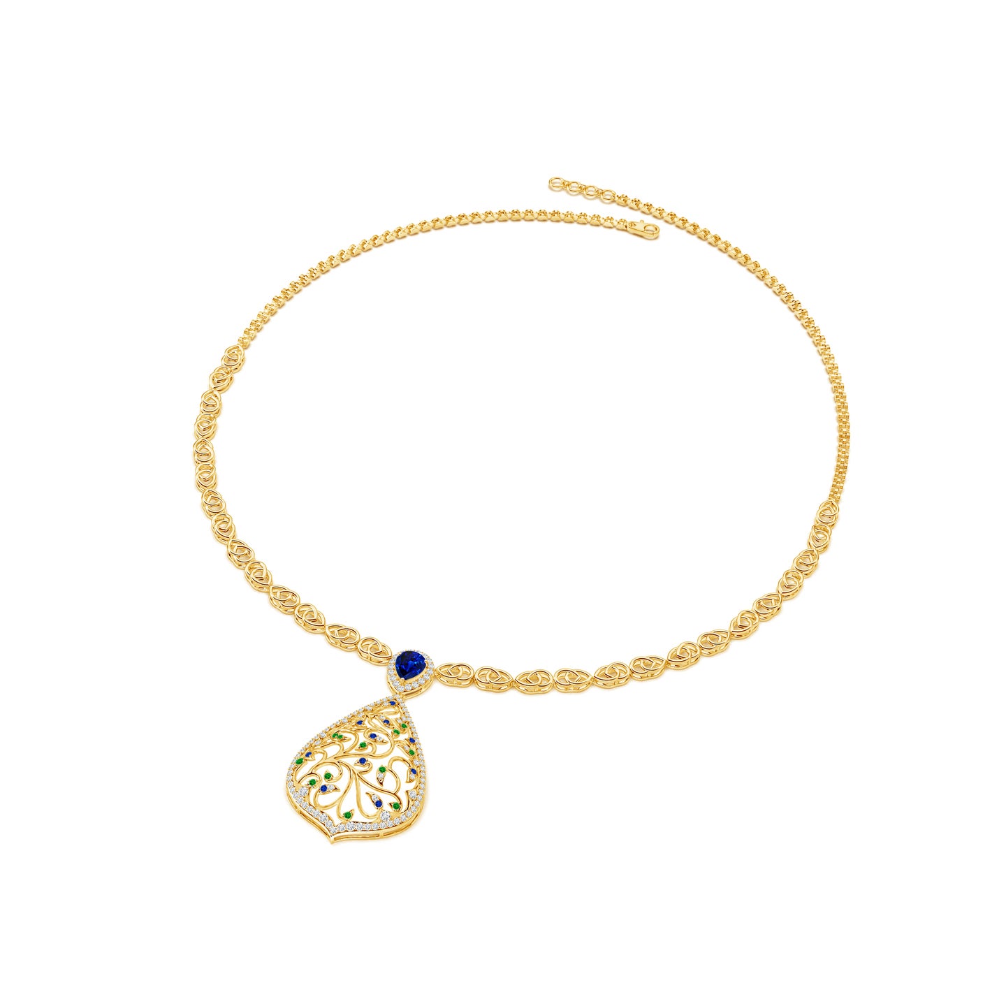 Mystic Mayura Natural Blue Sapphire with Emerald and Diamond Necklace Mystic Mayura Natural Blue Sapphire with Emerald and Diamond Necklace