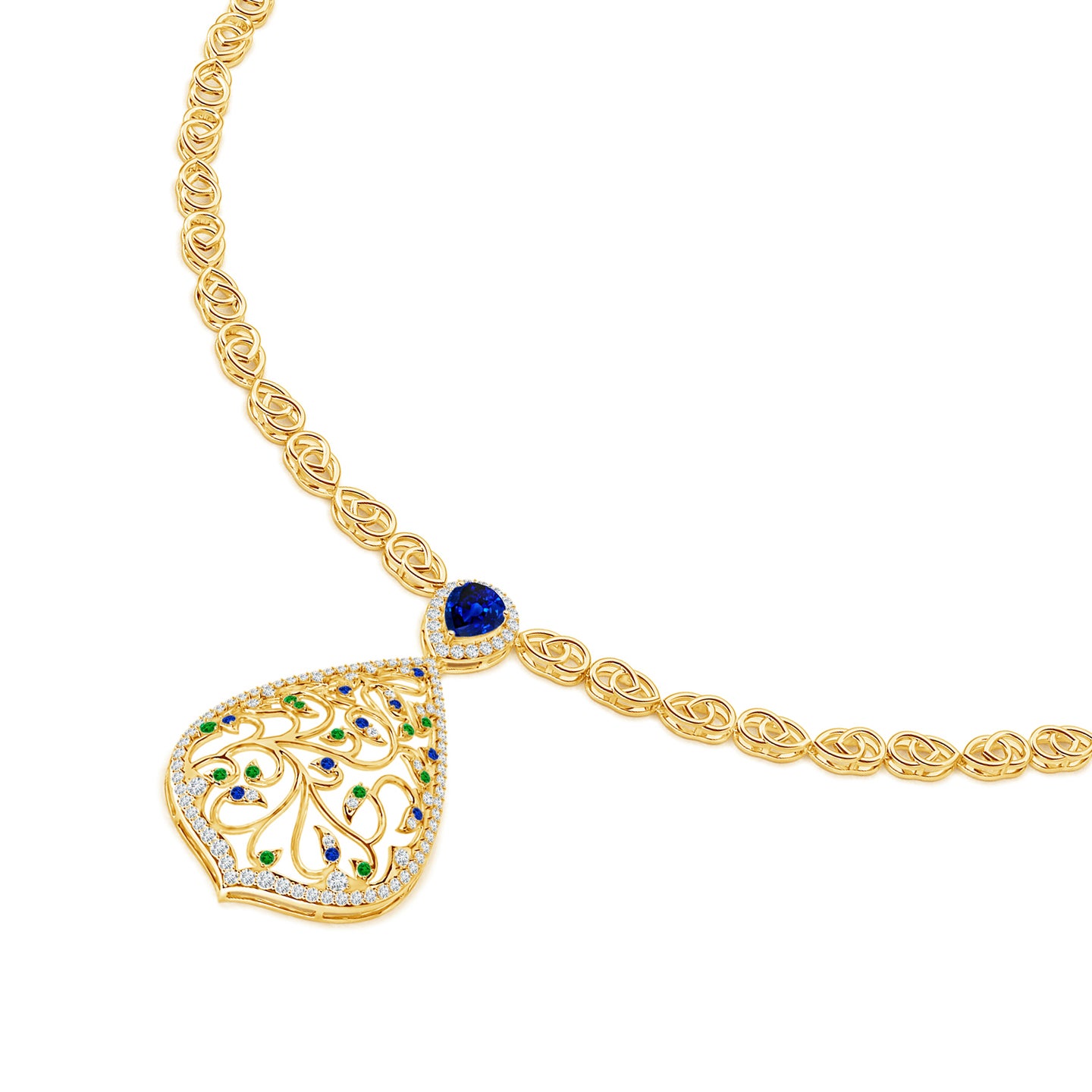 Mystic Mayura Natural Blue Sapphire with Emerald and Diamond Necklace 