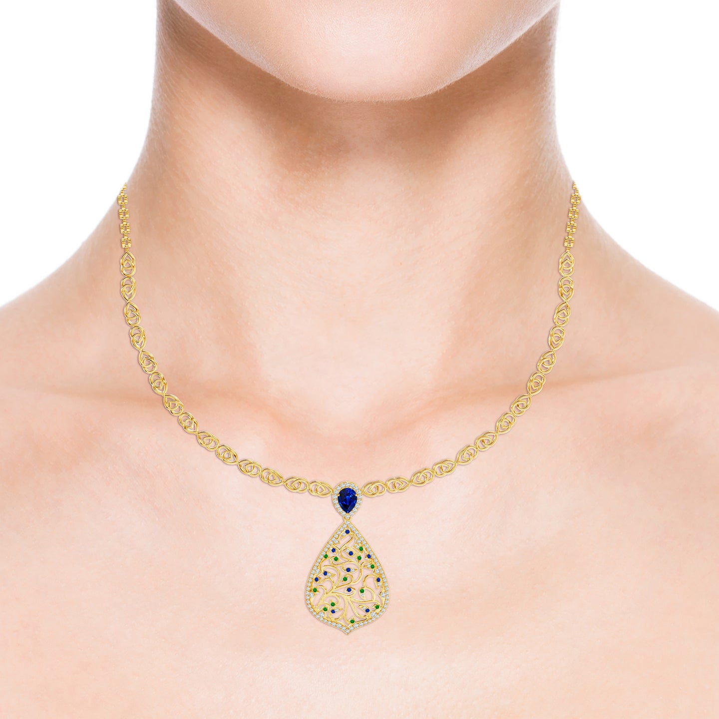 Mystic Mayura Natural Blue Sapphire with Emerald and Diamond Necklace Mystic Mayura Natural Blue Sapphire with Emerald and Diamond Necklace