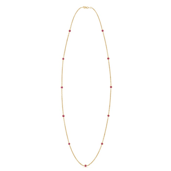 3mm AAAA Round Pink Sapphire Station Necklace in Yellow Gold