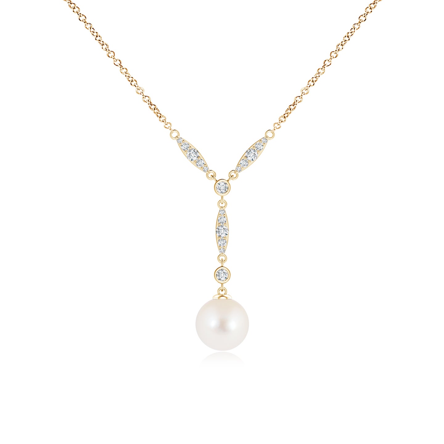 8mm AAA Freshwater Pearl Lariat Style Necklace with Diamonds in Yellow Gold