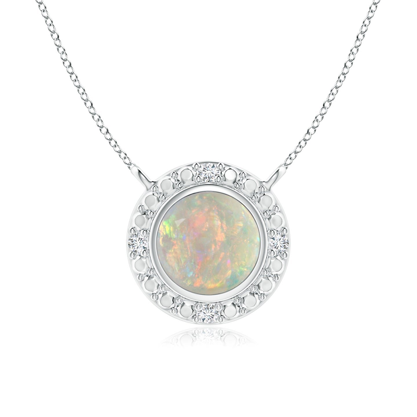 5mm AAAA Bezel-Set Round Opal Necklace with Beaded Halo in Silver