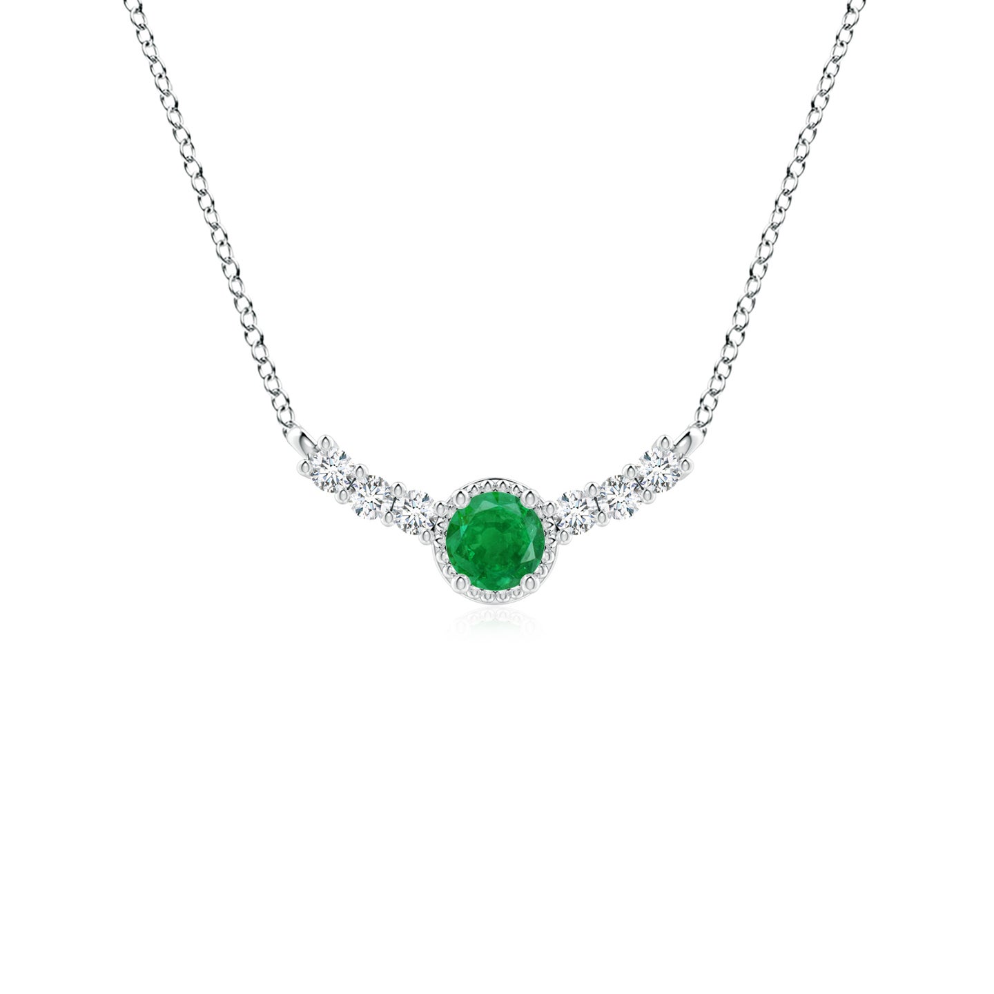3.5mm AA Vintage Inspired Emerald and Diamond Curved Bar Pendant in Silver