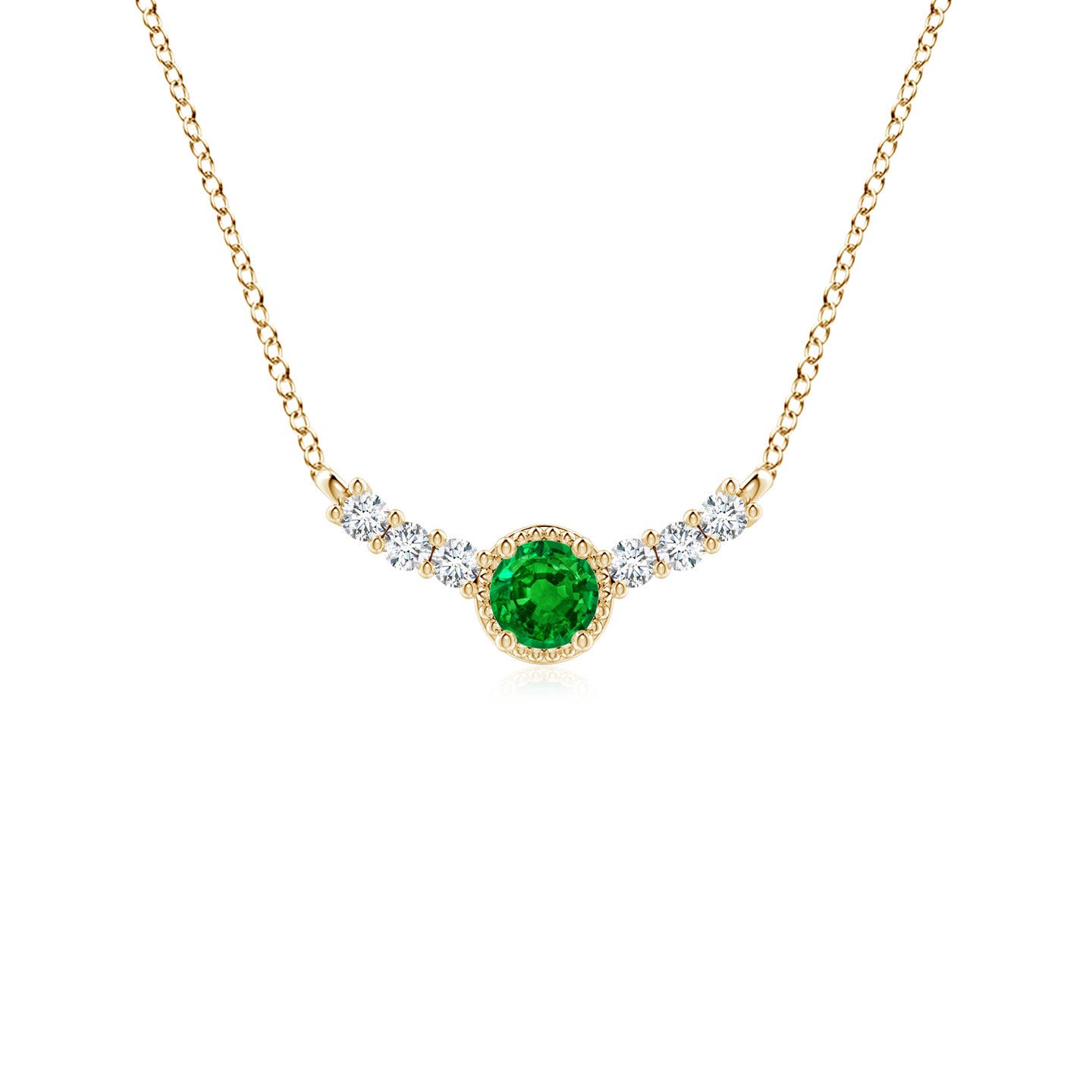 3.5mm AAAA Vintage Inspired Emerald and Diamond Curved Bar Pendant in Yellow Gold 3.5mm AAAA Vintage Inspired Emerald and Diamond Curved Bar Pendant in Yellow Gold