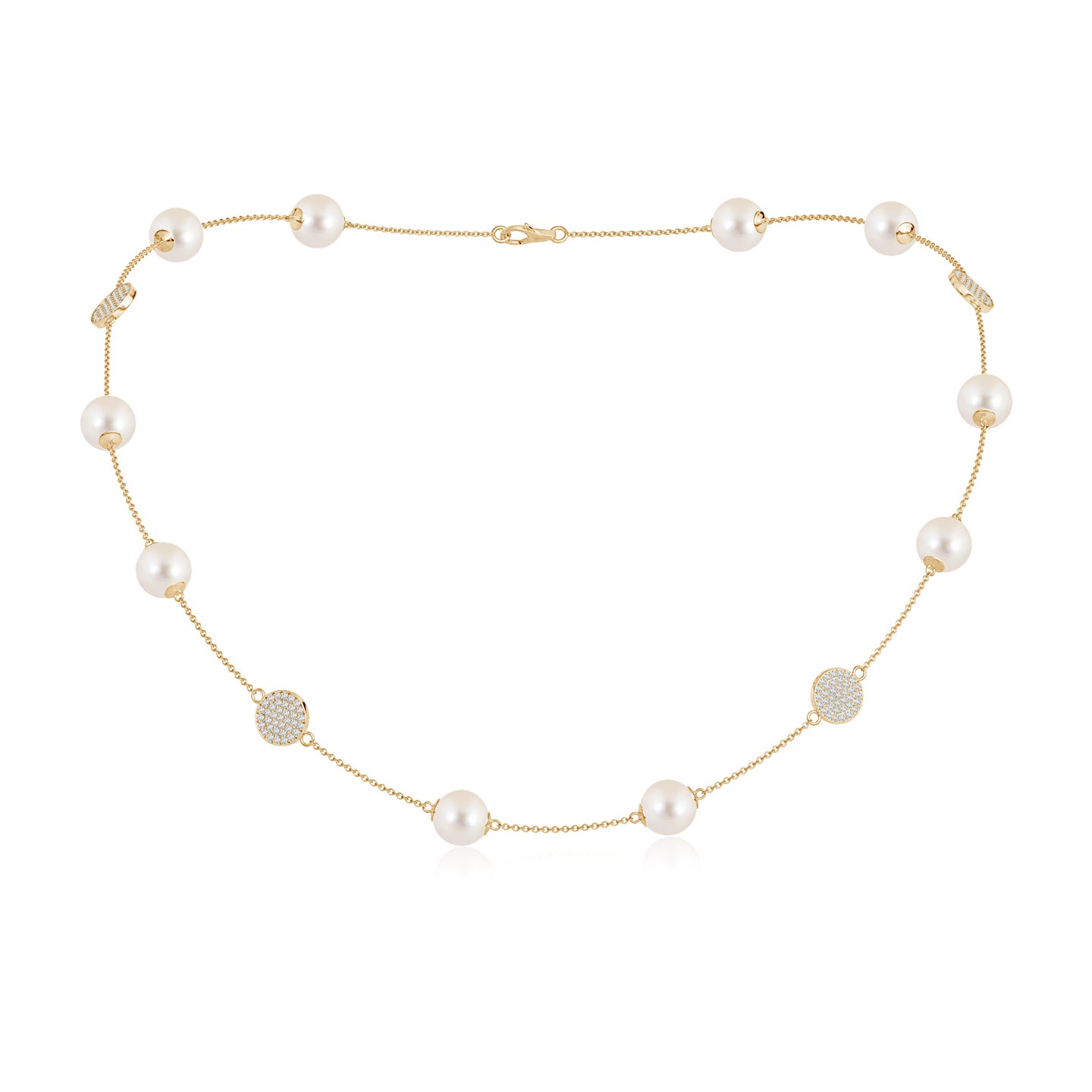 8mm AAAA 18" Freshwater Pearl Necklace with Diamond Discs in Yellow Gold