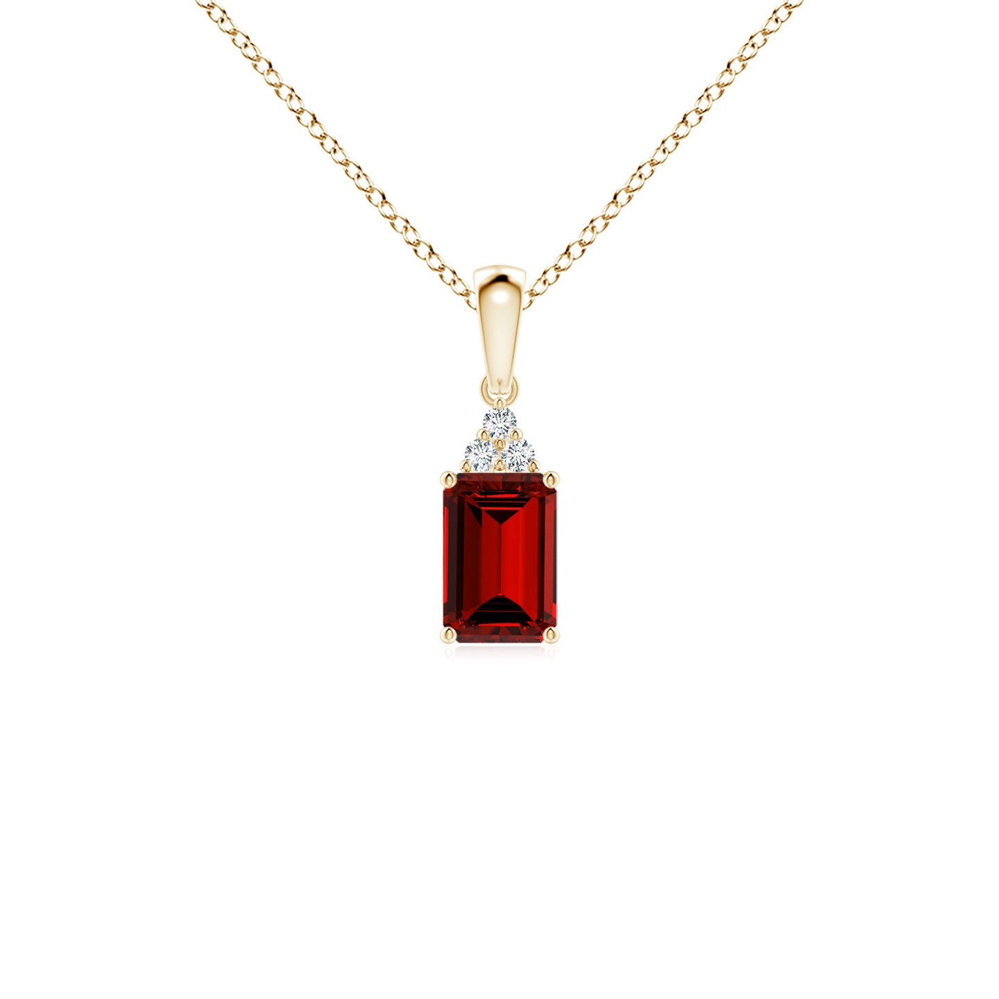6x4mm Labgrown Lab-Grown Emerald-Cut Ruby Pendant with Diamond Trio in Yellow Gold 6x4mm Labgrown Lab-Grown Emerald-Cut Ruby Pendant with Diamond Trio in Yellow Gold