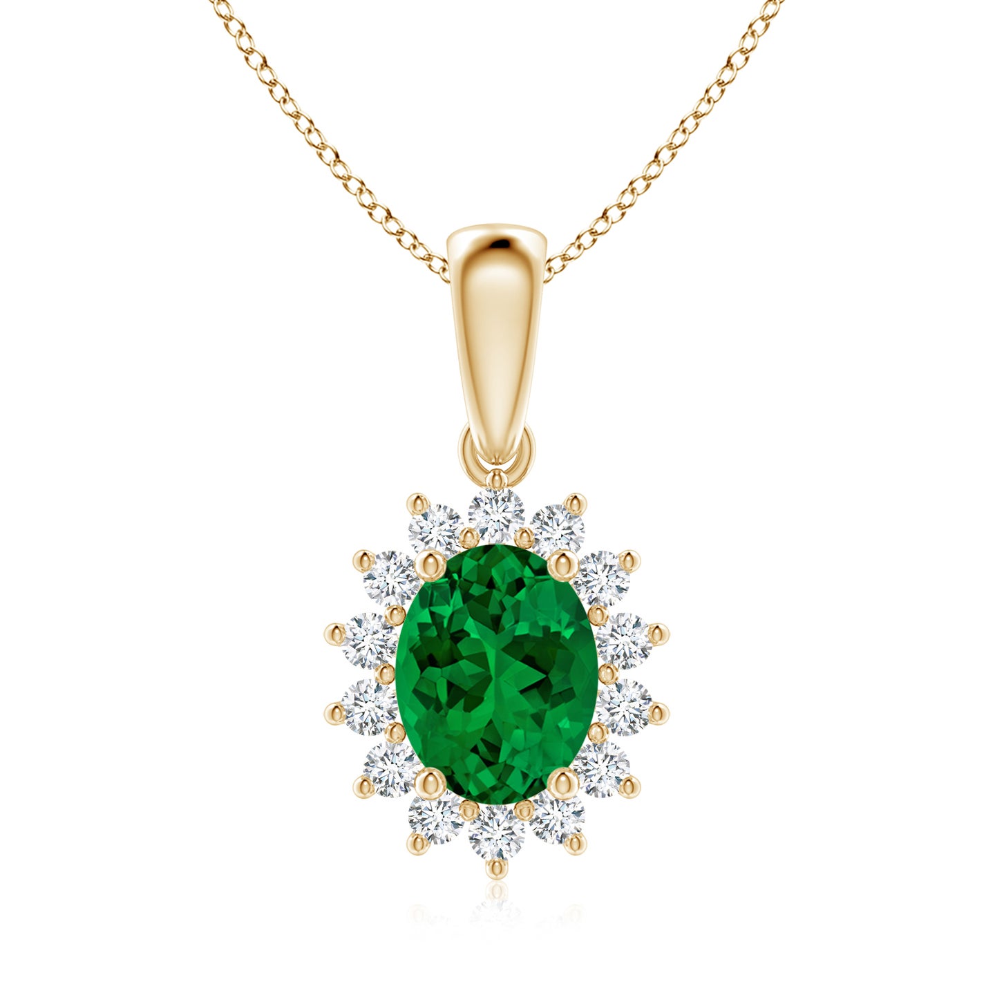 9x7mm Labgrown Lab-Grown Oval Emerald Pendant with Floral Halo in Yellow Gold