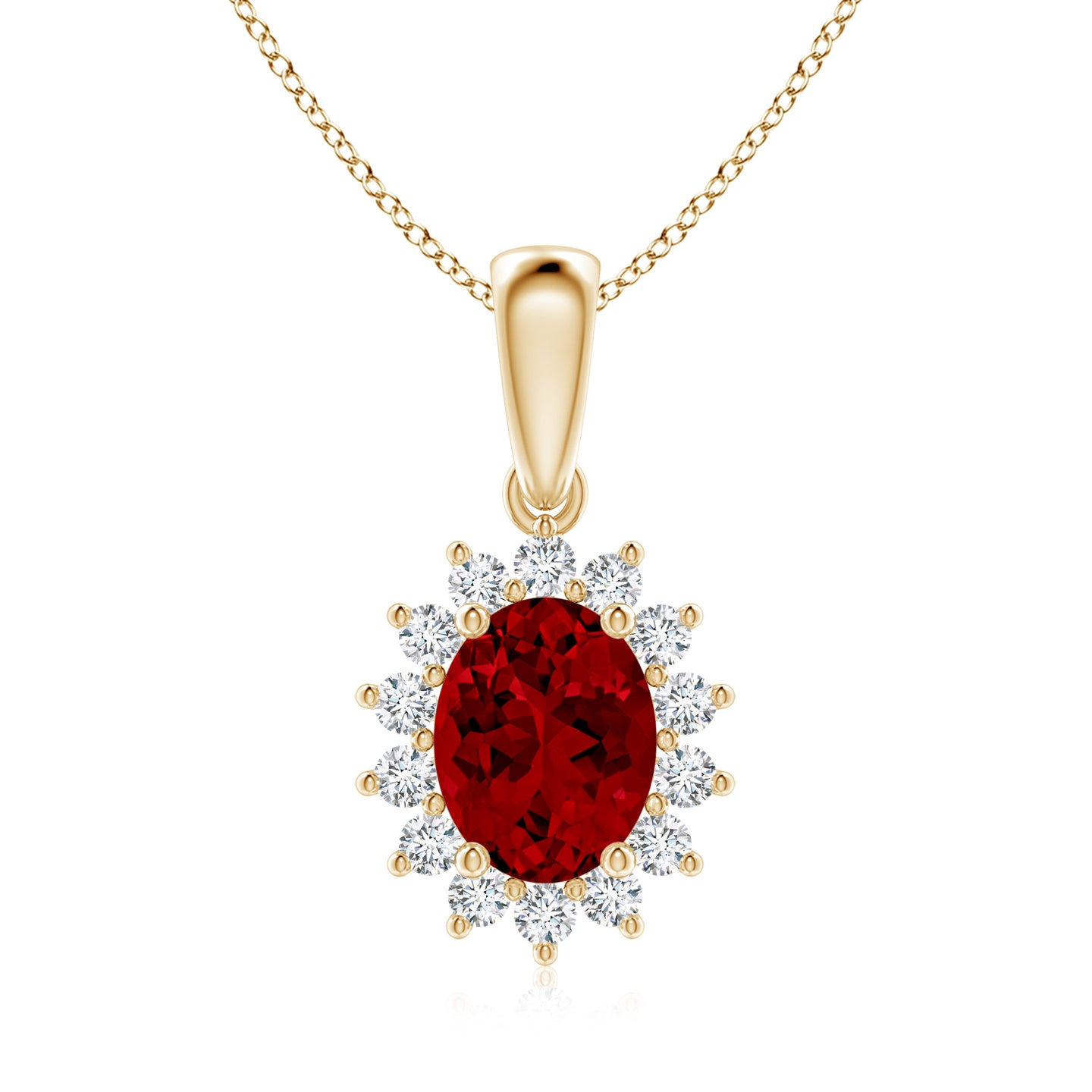 9x7mm Labgrown Lab-Grown Oval Ruby Pendant with Floral Halo in Yellow Gold 9x7mm Labgrown Lab-Grown Oval Ruby Pendant with Floral Halo in Yellow Gold