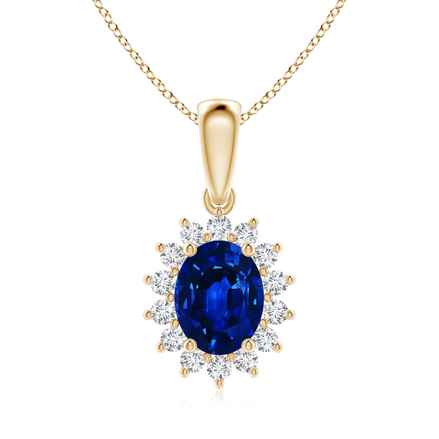 9x7mm Labgrown Lab-Grown Oval Blue Sapphire Pendant with Floral Halo in Yellow Gold