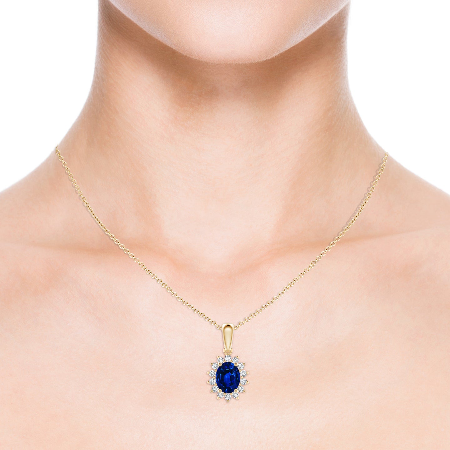 9x7mm Labgrown Lab-Grown Oval Blue Sapphire Pendant with Floral Halo in Yellow Gold