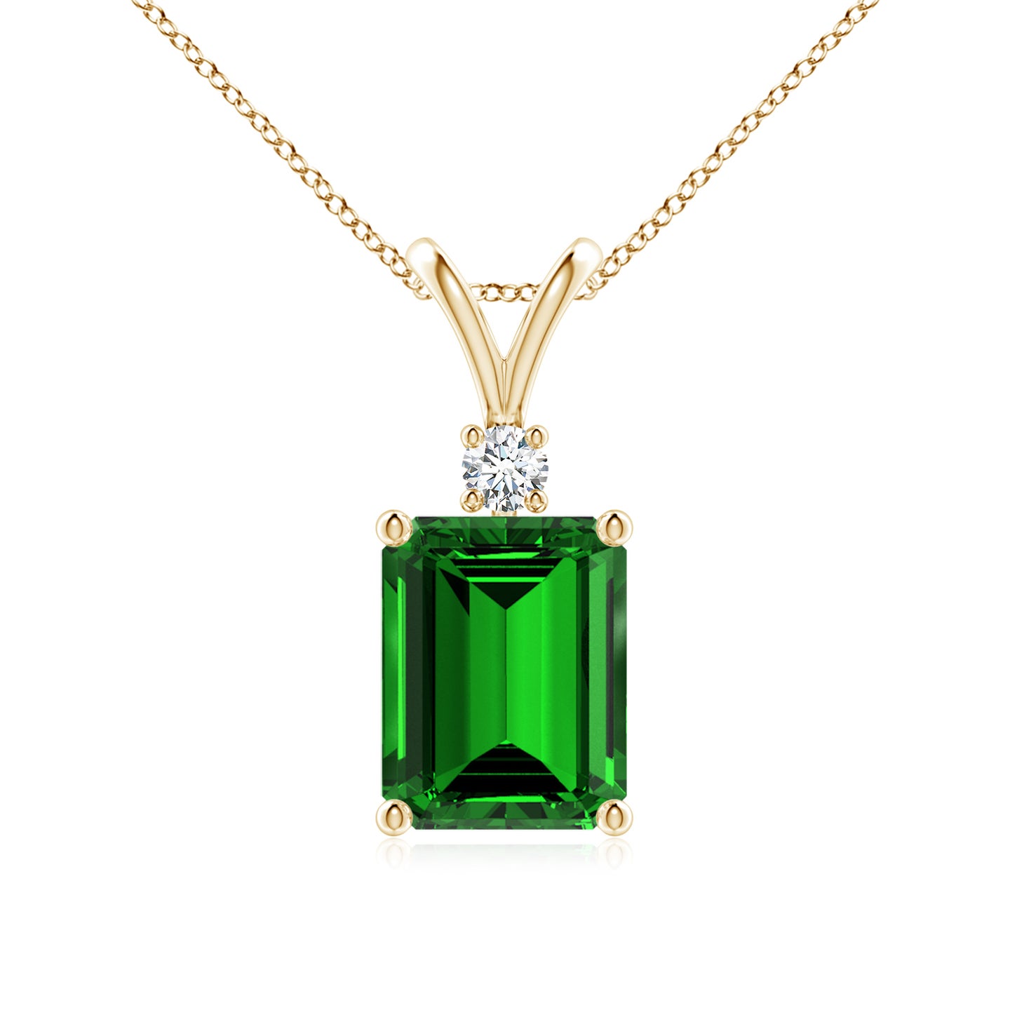 9x7mm Labgrown Lab-Grown Emerald-Cut Emerald Solitaire Pendant with Diamond in Yellow Gold