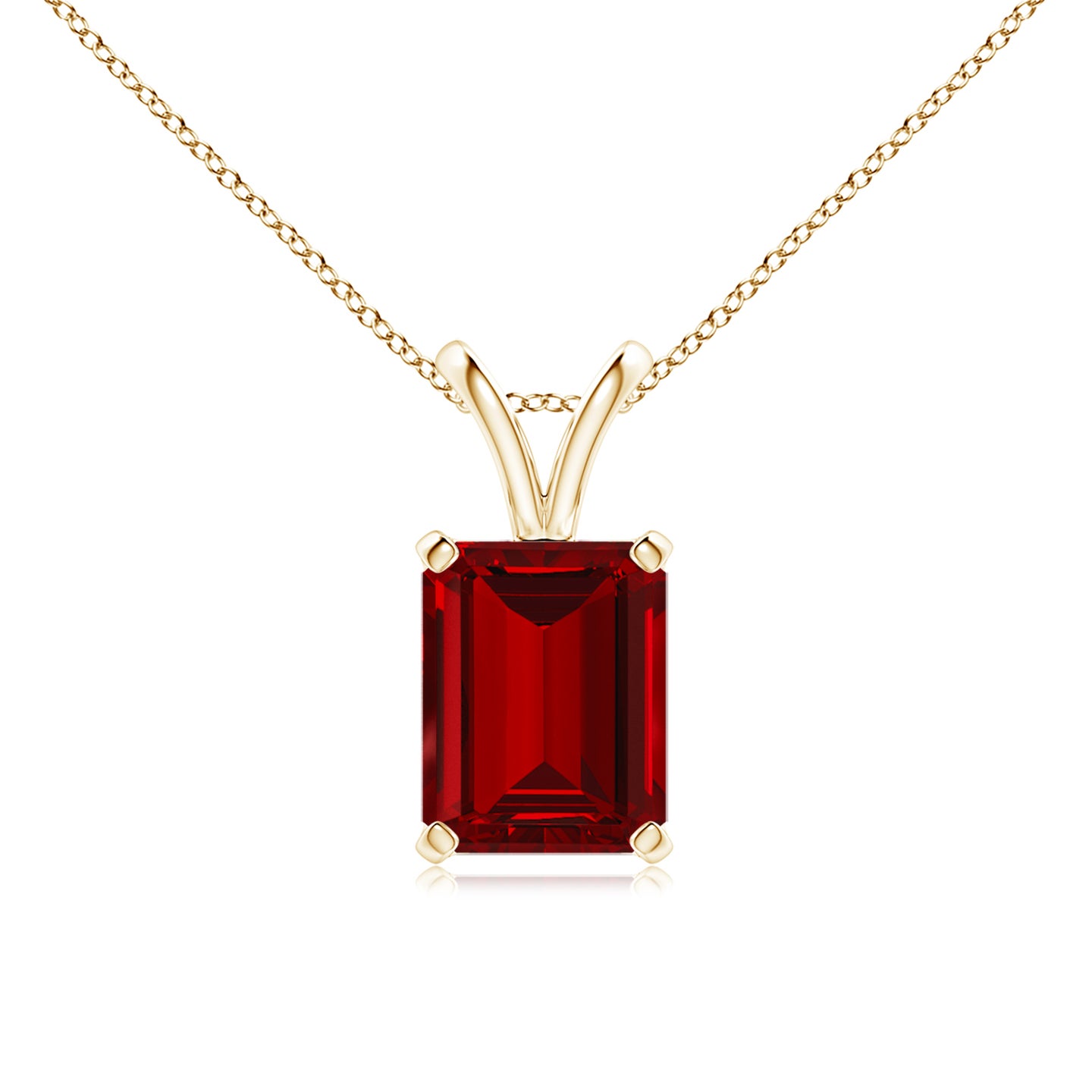 9x7mm Labgrown Lab-Grown Emerald-Cut Ruby Solitaire V-Bale Pendant in Yellow Gold 9x7mm Labgrown Lab-Grown Emerald-Cut Ruby Solitaire V-Bale Pendant in Yellow Gold