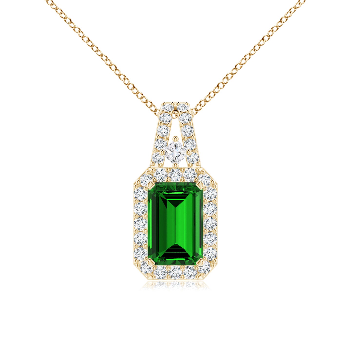 6x4mm Labgrown Lab-Grown Emerald-Cut Emerald Halo Pendant in Yellow Gold
